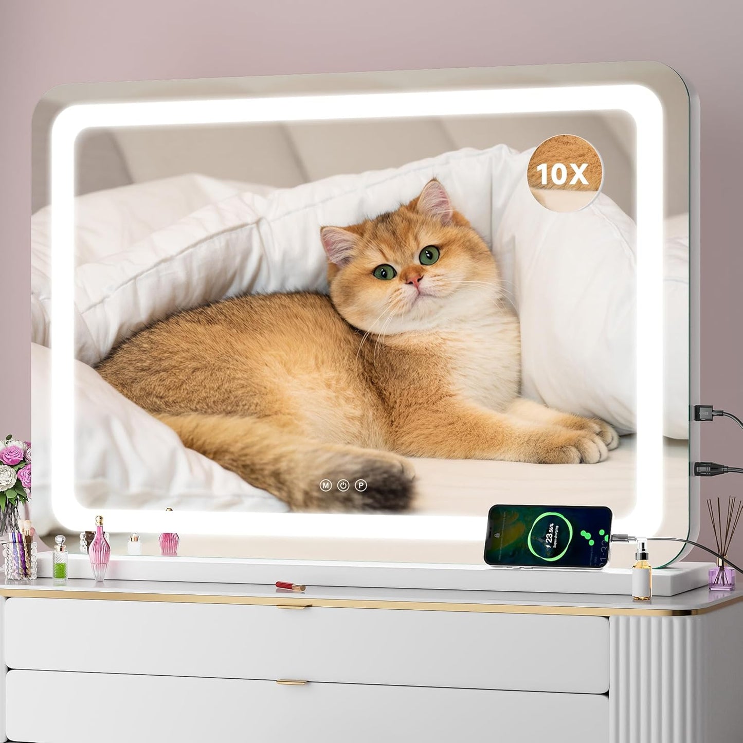 Vanity Mirror with Lights, 23" x 18" LED Makeup Mirror with 10X Magnification, Dimmable 3 Modes, Memory Function, Smart Touch, USB Charging Port, Lighted Makeup Mirror Square Glod