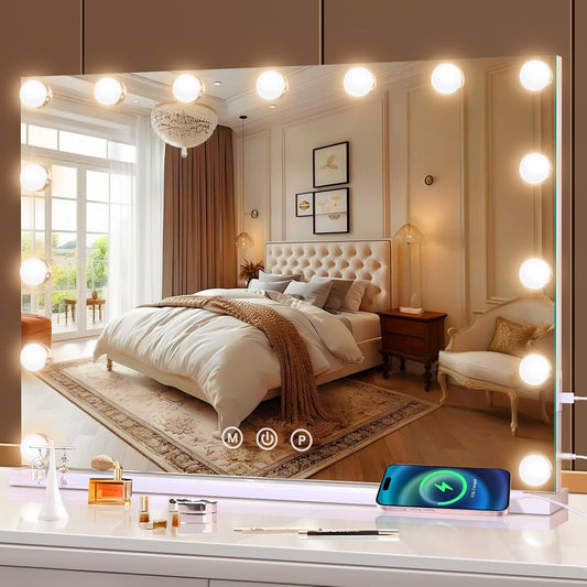Vanity Makeup Mirror with Lights, Light Up Mirror with Smart Touch 3 Colors Dimmable, Memory Function