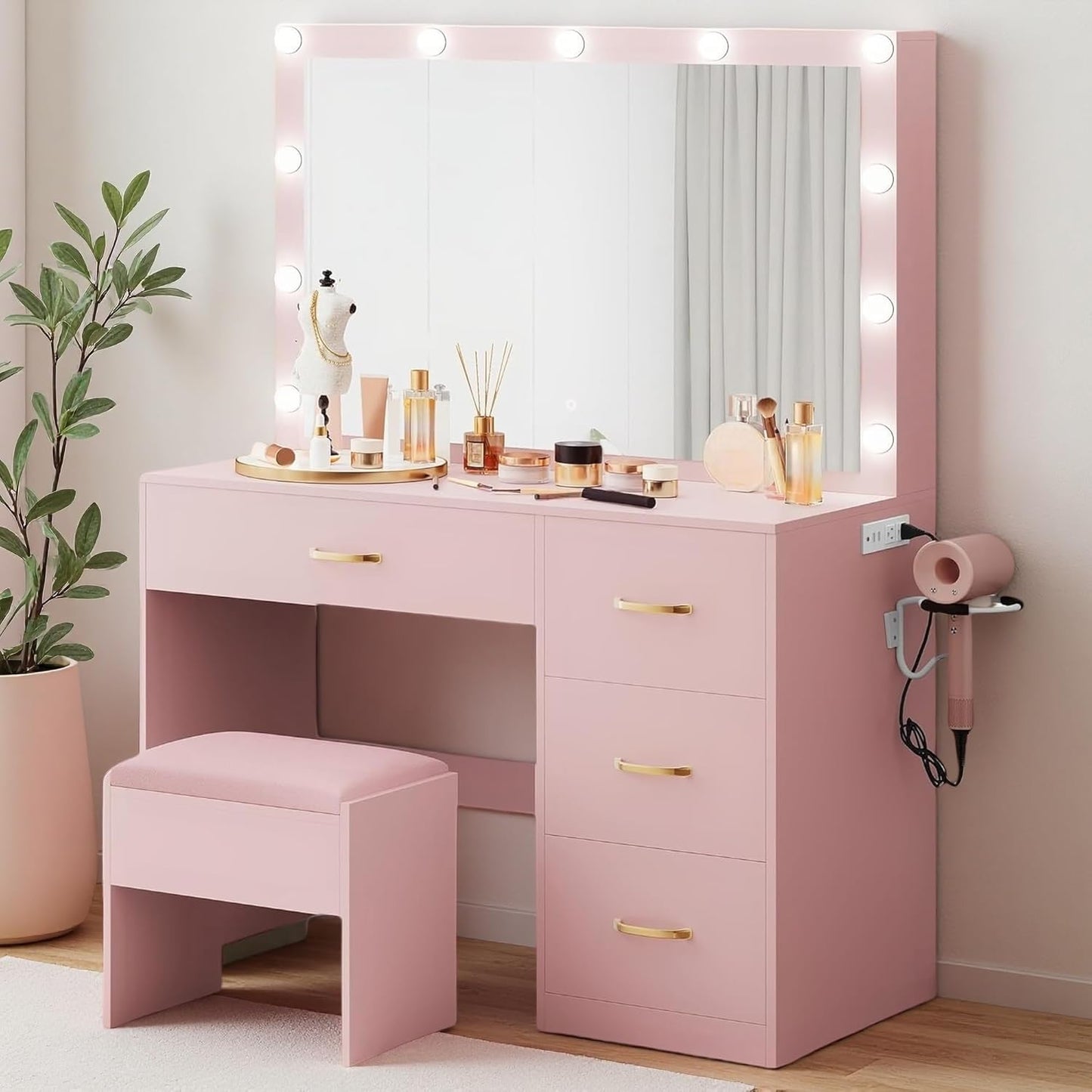 YITAHOME Vanity Desk Set with Large 35" LED Mirror and Lights, Makeup Table with 4 Drawers & Stool, 2 AC Outlets and 2 USB Ports, Adjustable Lighting, Modern Ample Storage Dressing Table, White