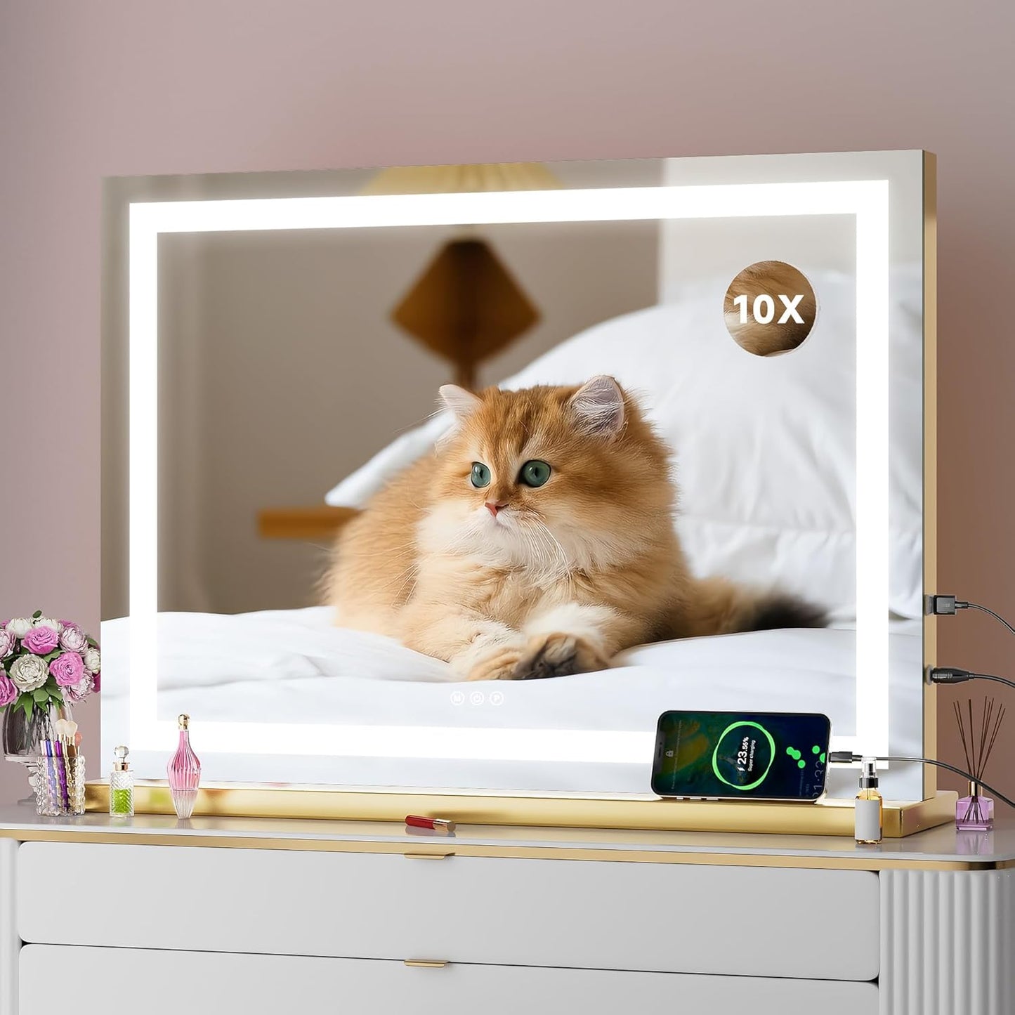 Vanity Mirror with Lights, 23" x 18" LED Makeup Mirror with 10X Magnification, Dimmable 3 Modes, Memory Function, Smart Touch, USB Charging Port, Lighted Makeup Mirror Square Glod