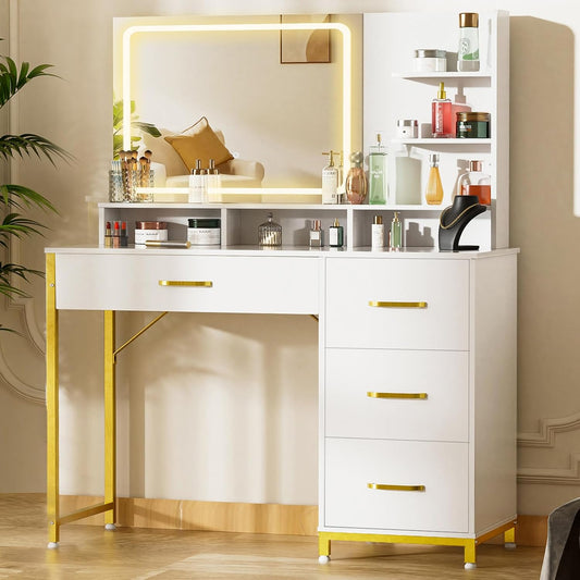 COMHOMA Vanity Desk with Mirror and Lights, Makeup Vanity Table with 4 Drawers & Storage Shelves, Large HD Mirror, 3 Color Modes & Adjustable Brightness, Modern Dressing Table for Bedroom, White