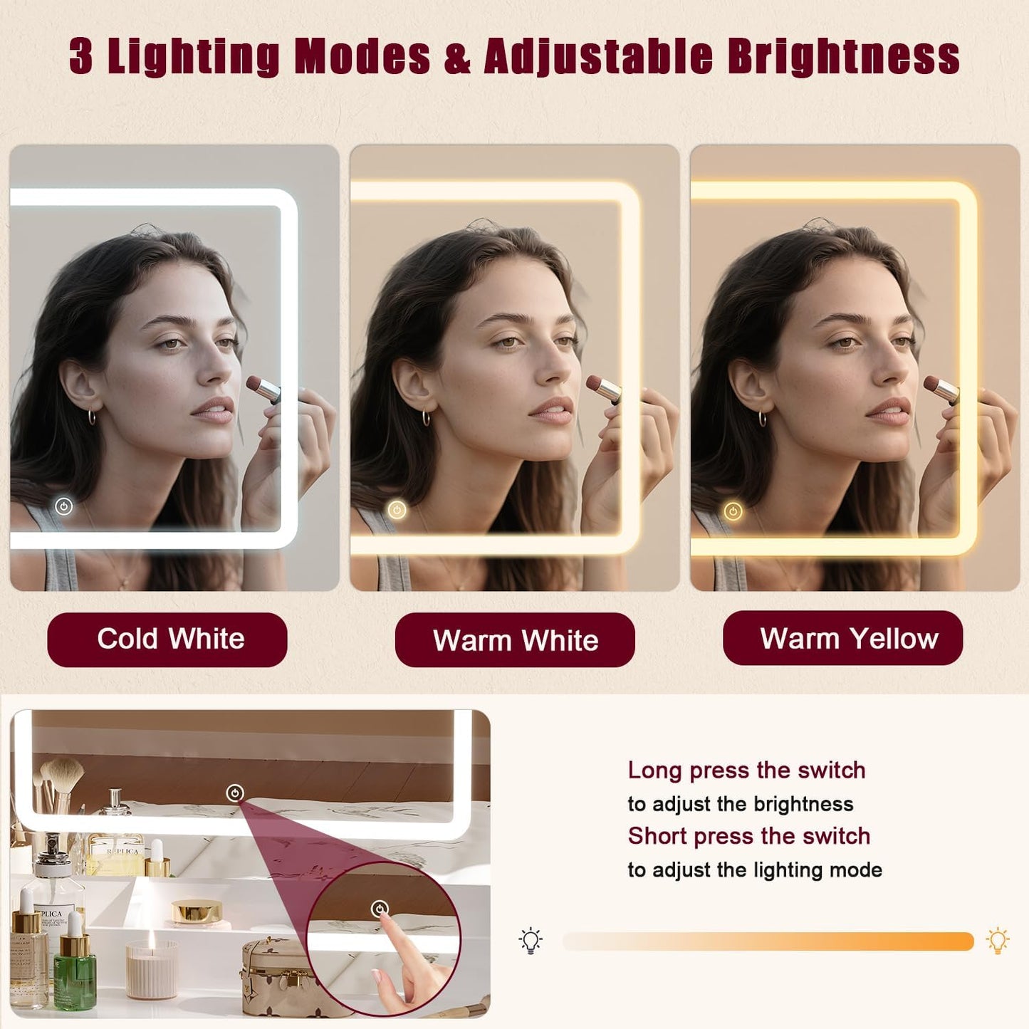 Makeup Vanity Desk with Mirror and Lights,Vanity Set with Mirror and Stool and Lights 3 Color,White Vanity Desk with Drawers,Make Up Table with Power Outlet,Dressing Table with Cabinet,Storage Shelves