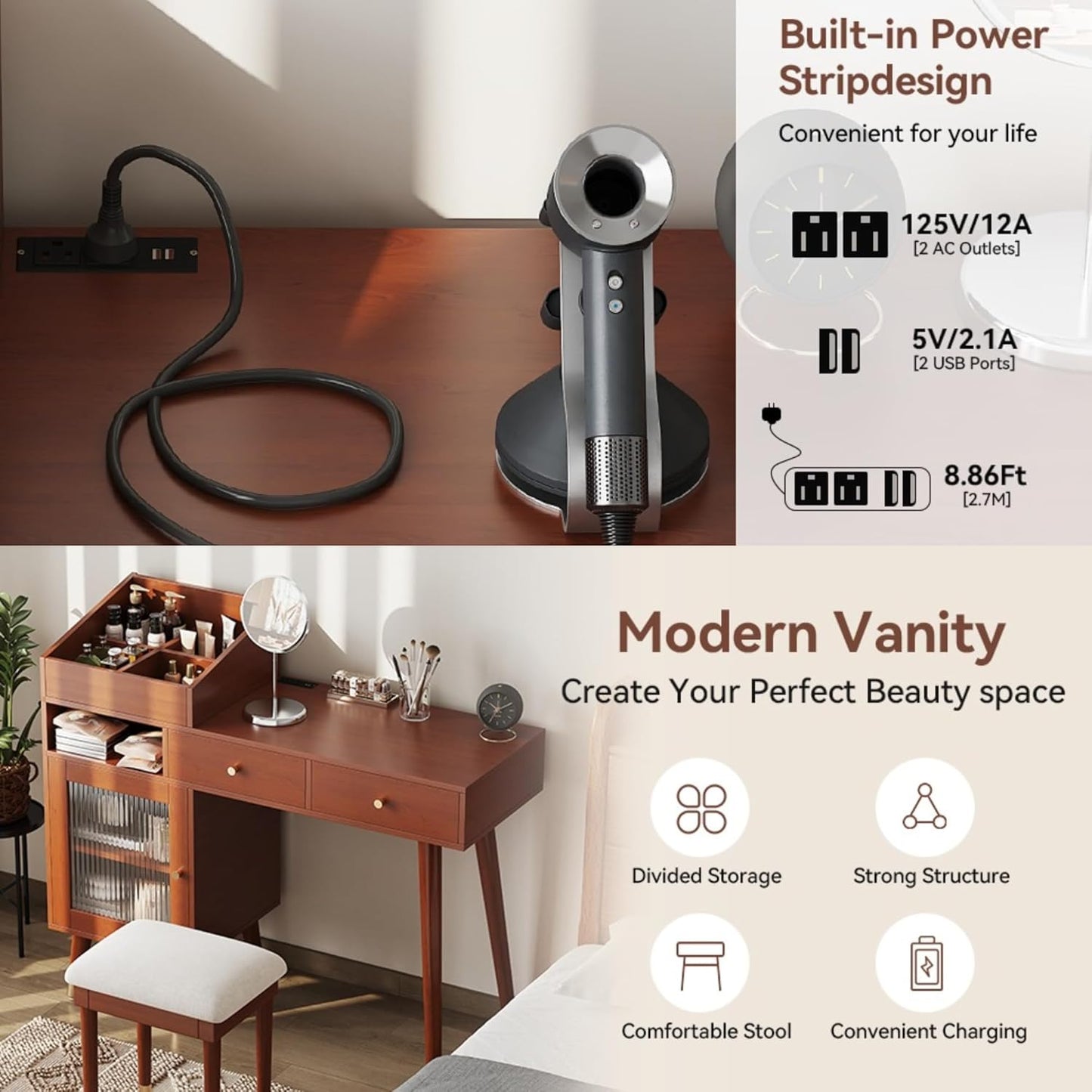 Wooden Makeup Vanity Desk, Modern Dressing Table with Spacious Desktop & Large Drawer, Stool, Space-Saving Dresser Table with Side Cabinets & Charging Port for Small Places, Walnut