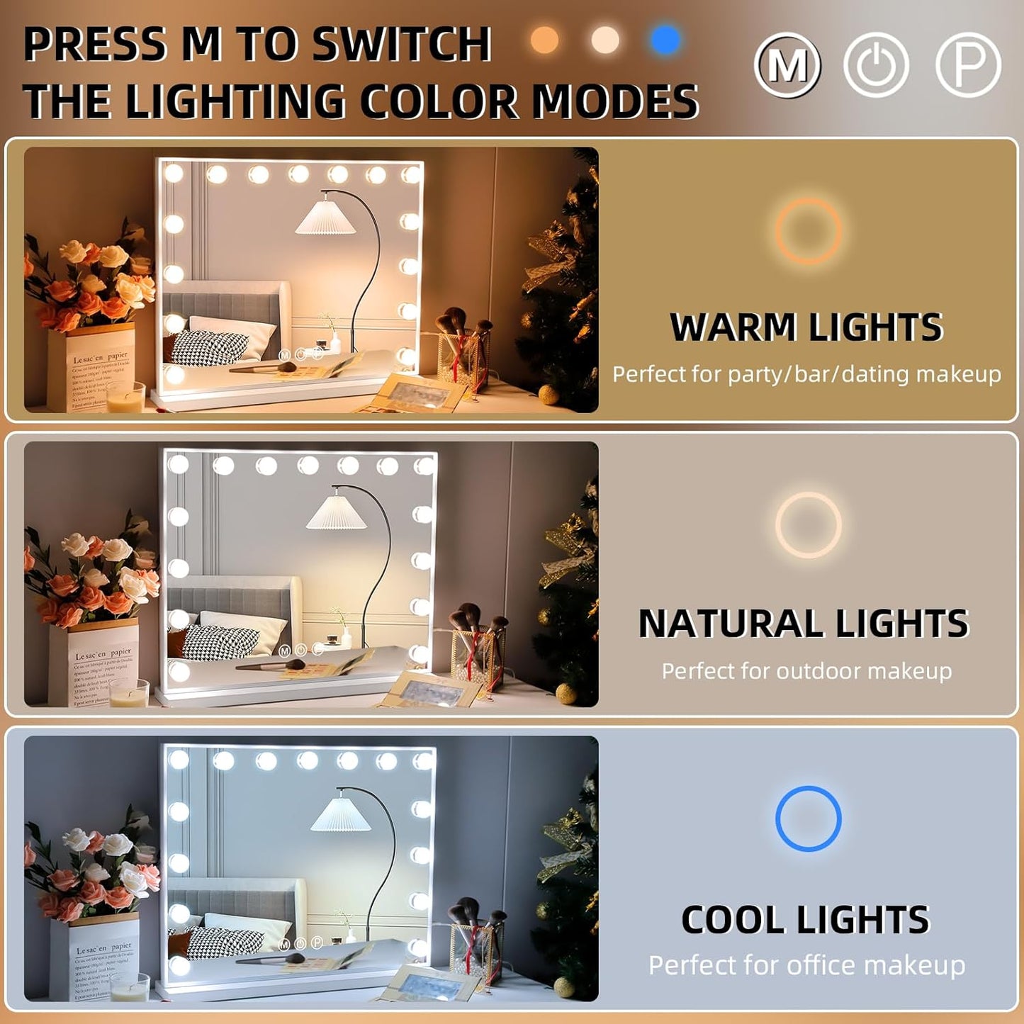 Hansong Vanity Mirror with Lights, 22''x18'' Hollywood Mirror, Makeup Mirror with 15 Dimmable Bulbs, 10X Magnification and USB Charging Port, White