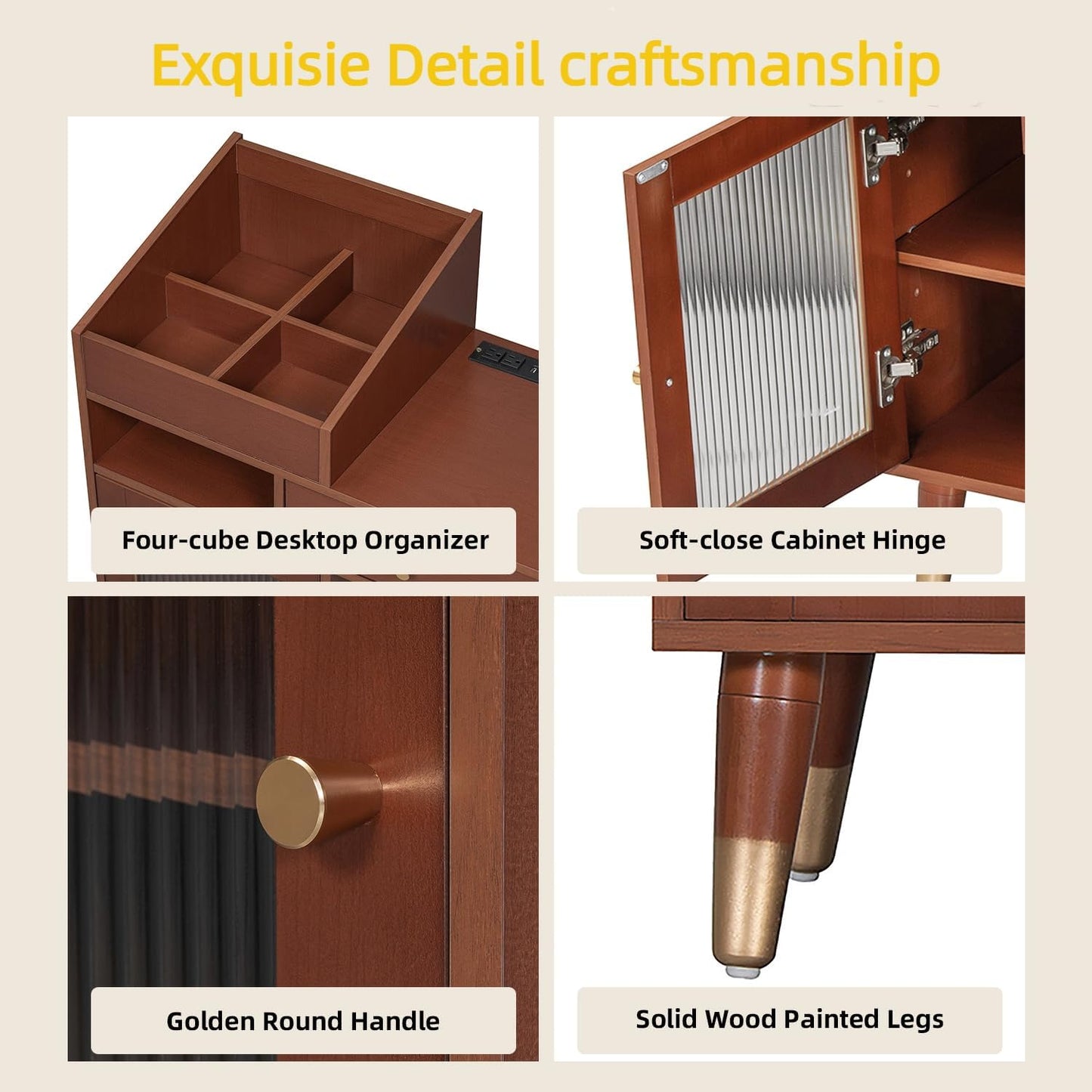 Wooden Makeup Vanity Desk, Modern Dressing Table with Spacious Desktop & Large Drawer, Stool, Space-Saving Dresser Table with Side Cabinets & Charging Port for Small Places, Walnut