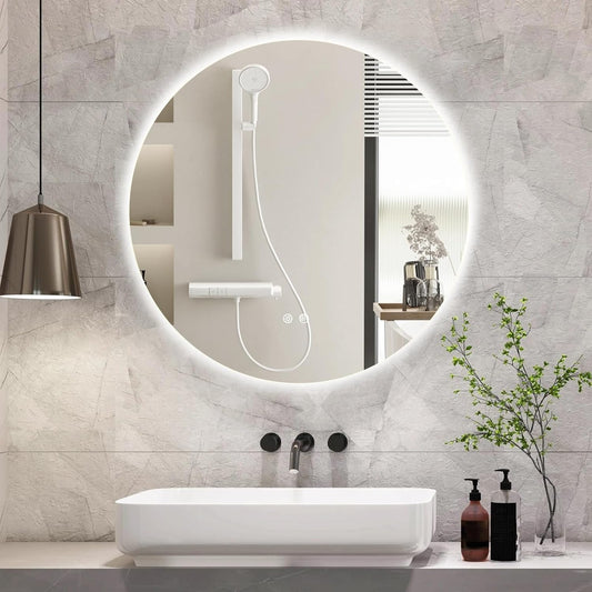 32 Inch Round LED Bathroom Mirror Backlit Anti-Fog Wall Mounted Lighted Bathroom Vanity Mirror 3 Colors Light Dimmable Smart Makeup Mirror with Touch Switch