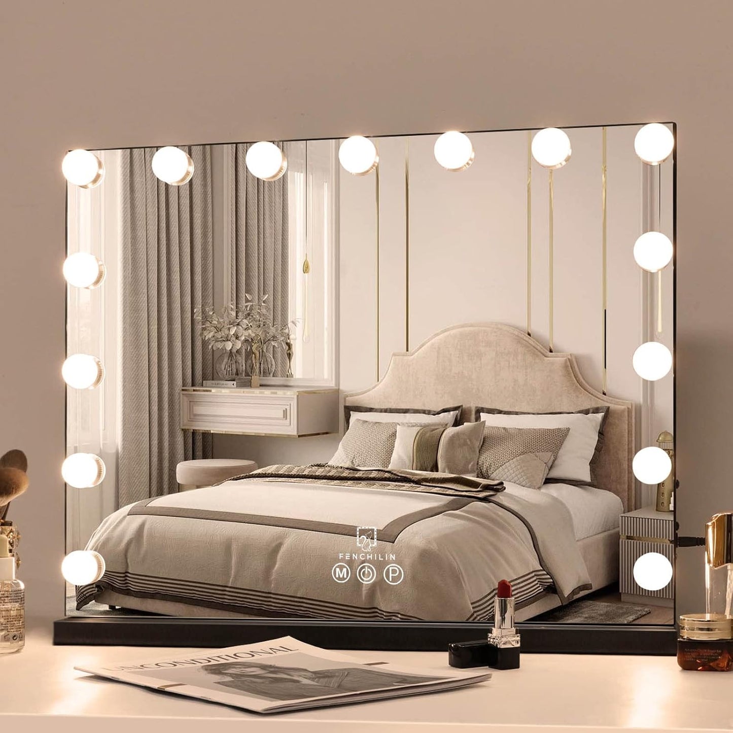 FENCHILIN Vanity Mirror with Lights, Hollywood Lighted Makeup Mirror with 15 Dimmable LED Bulbs for Dressing Room & Bedroom, Slim Metal Frame Design, White