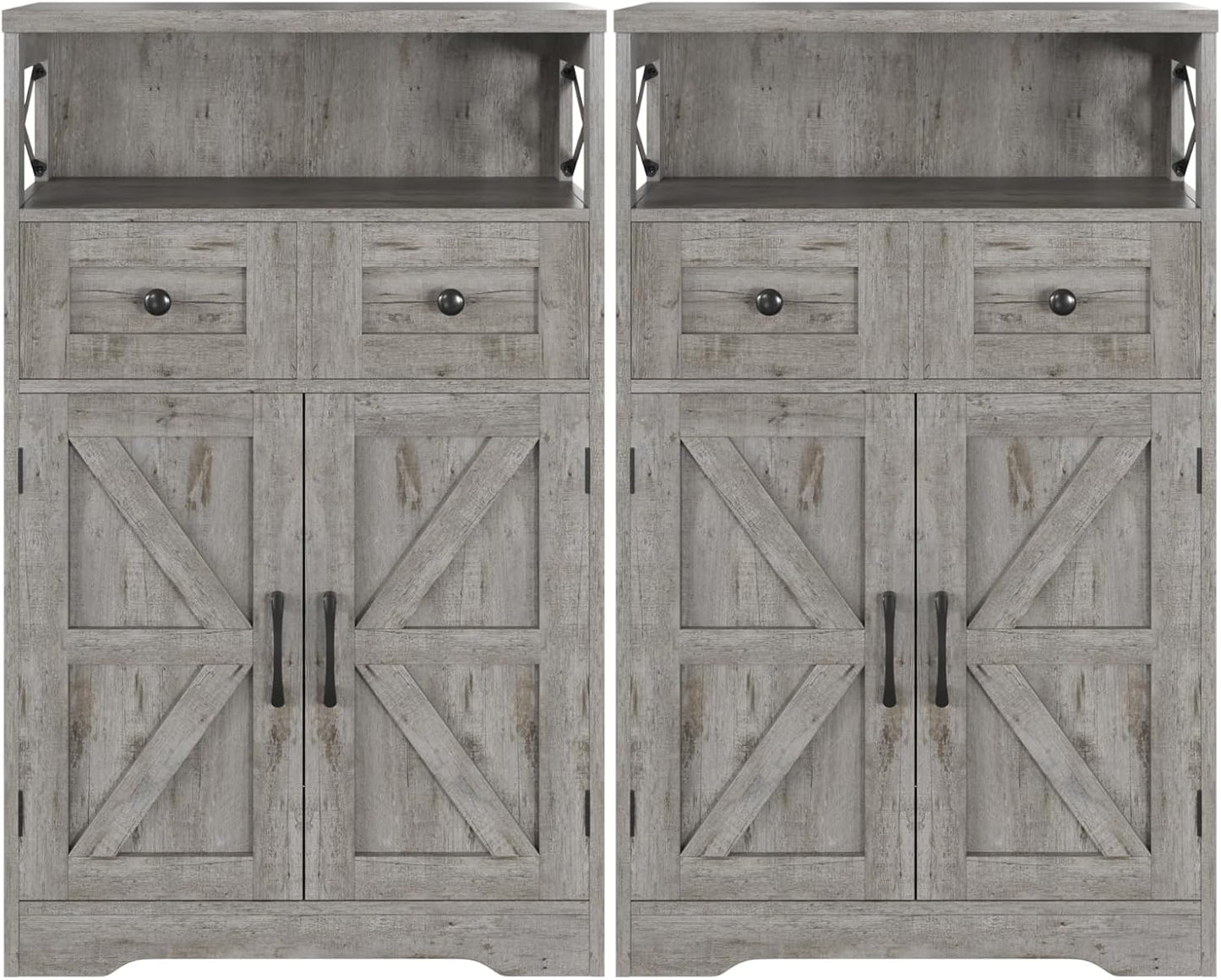 Farmhouse White Storage Cabinet with Doors and Drawers, Freestanding Kitchen Pantry Cabinet, Floor Storage Cabinet Hutch Cupboard for Kitchen/Laundry/Living Room/Bedroom