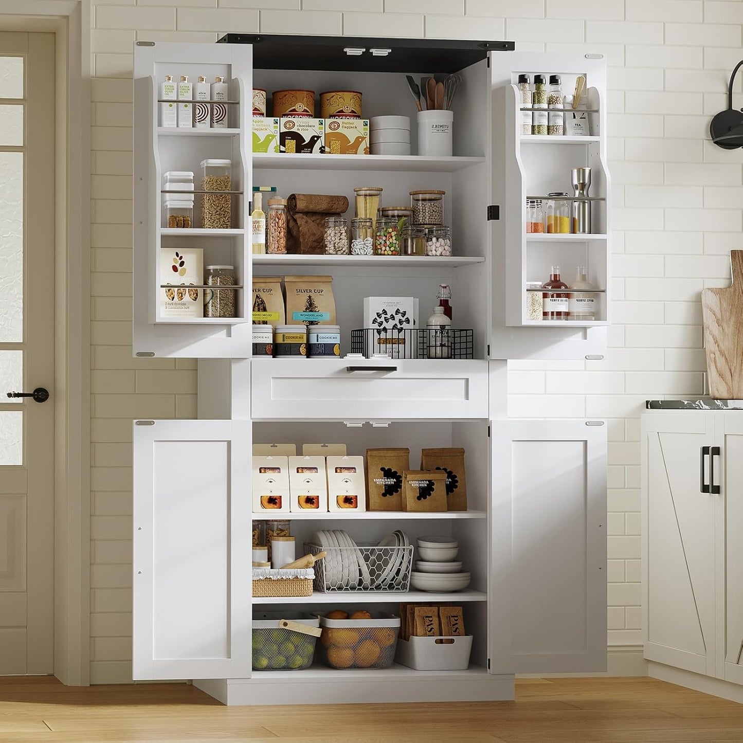 usikey Storage Cabinet with 4 Doors, 43.3" H Farmhouse Kitchen Cabinet with 6 Door Shelves, Kitchen Storage Cabinets with Adjustable Shelves, for Living Room, Antique Oak