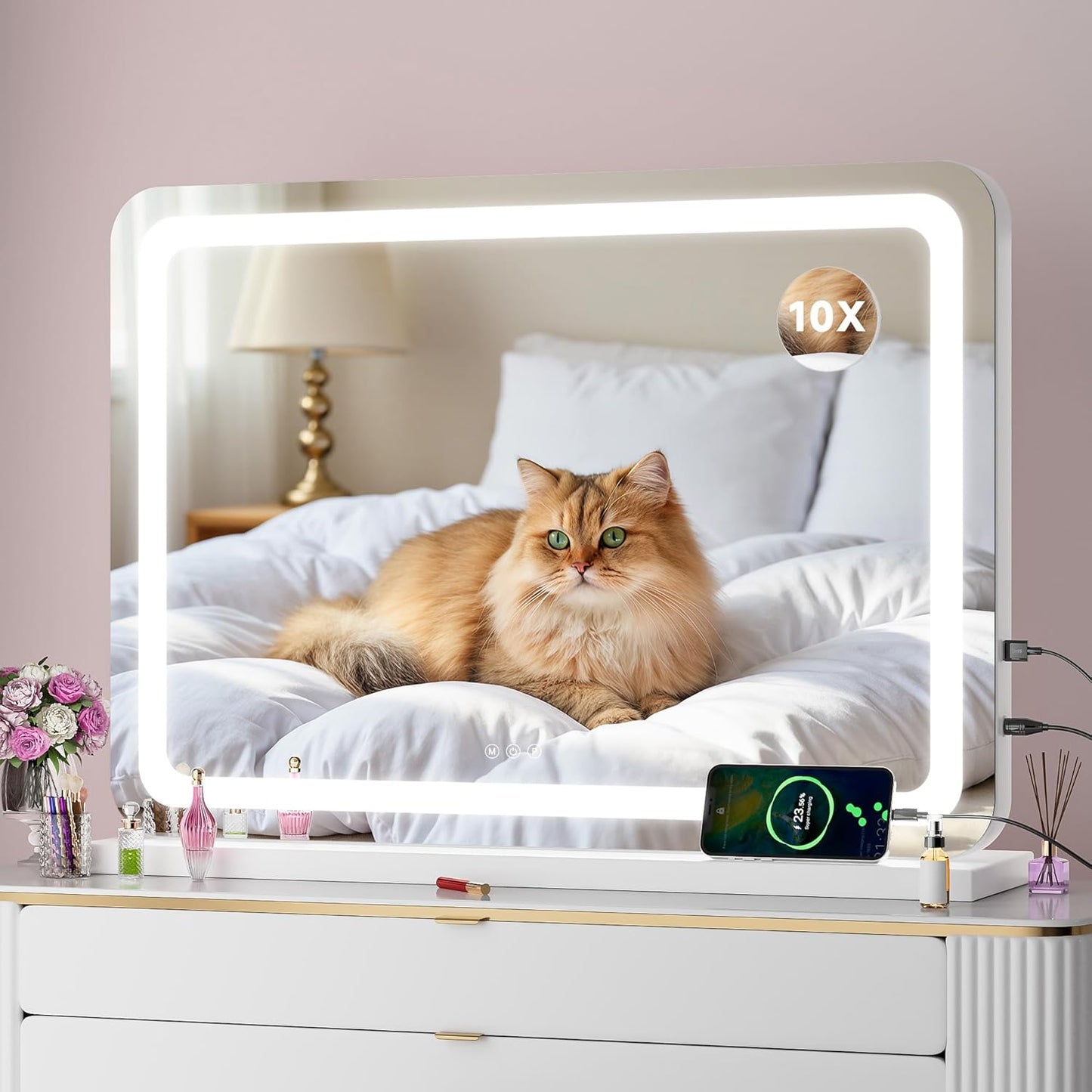 Vanity Mirror with Lights, 23" x 18" LED Makeup Mirror with 10X Magnification, Dimmable 3 Modes, Memory Function, Smart Touch, USB Charging Port, Lighted Makeup Mirror Square Glod