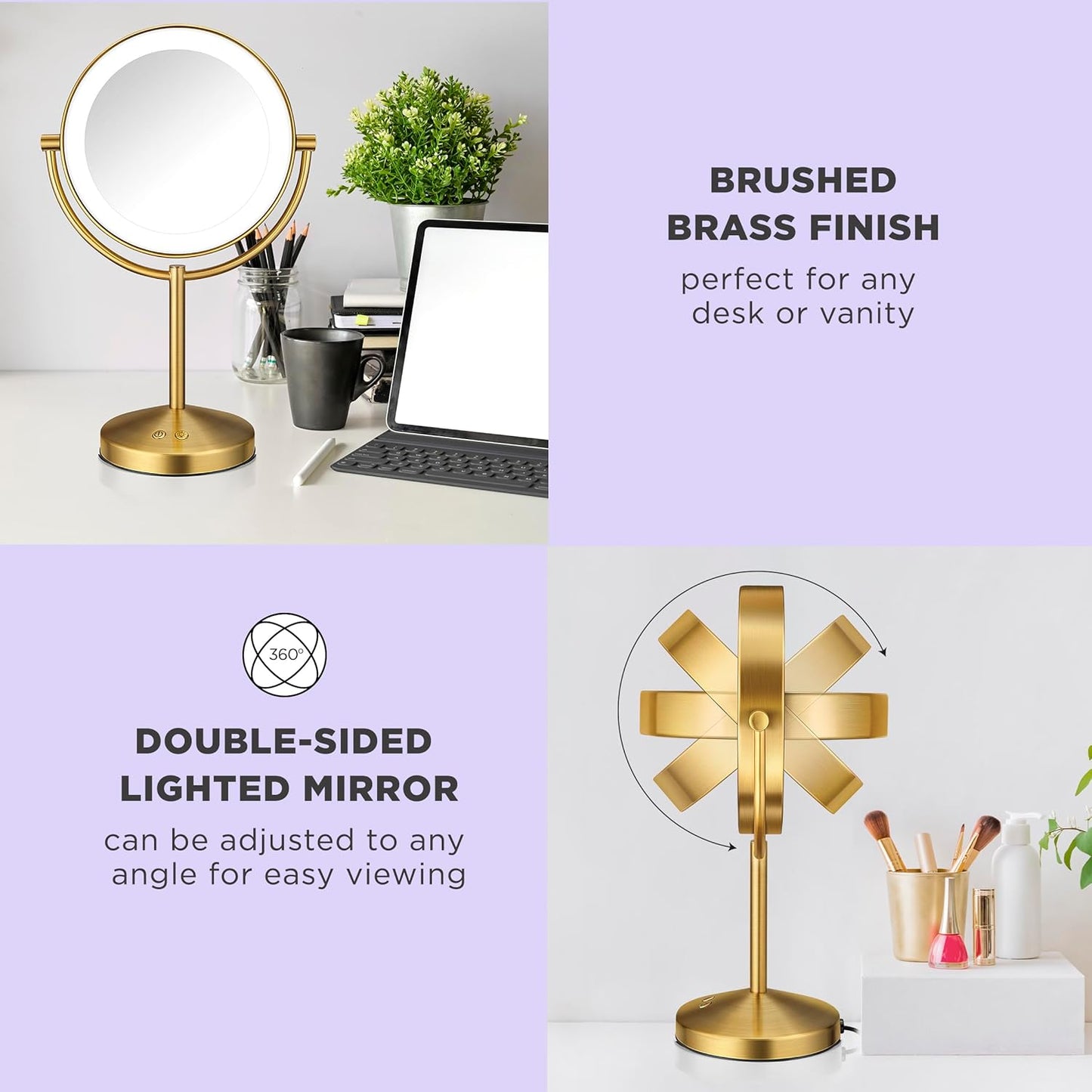 Conair Lighted Makeup Mirror, Double-Sided LED Vanity Mirror with 1X/10X Magnification, 3 Light Settings, 3 Modes, 360° Rotation, Brushed Brass Finish