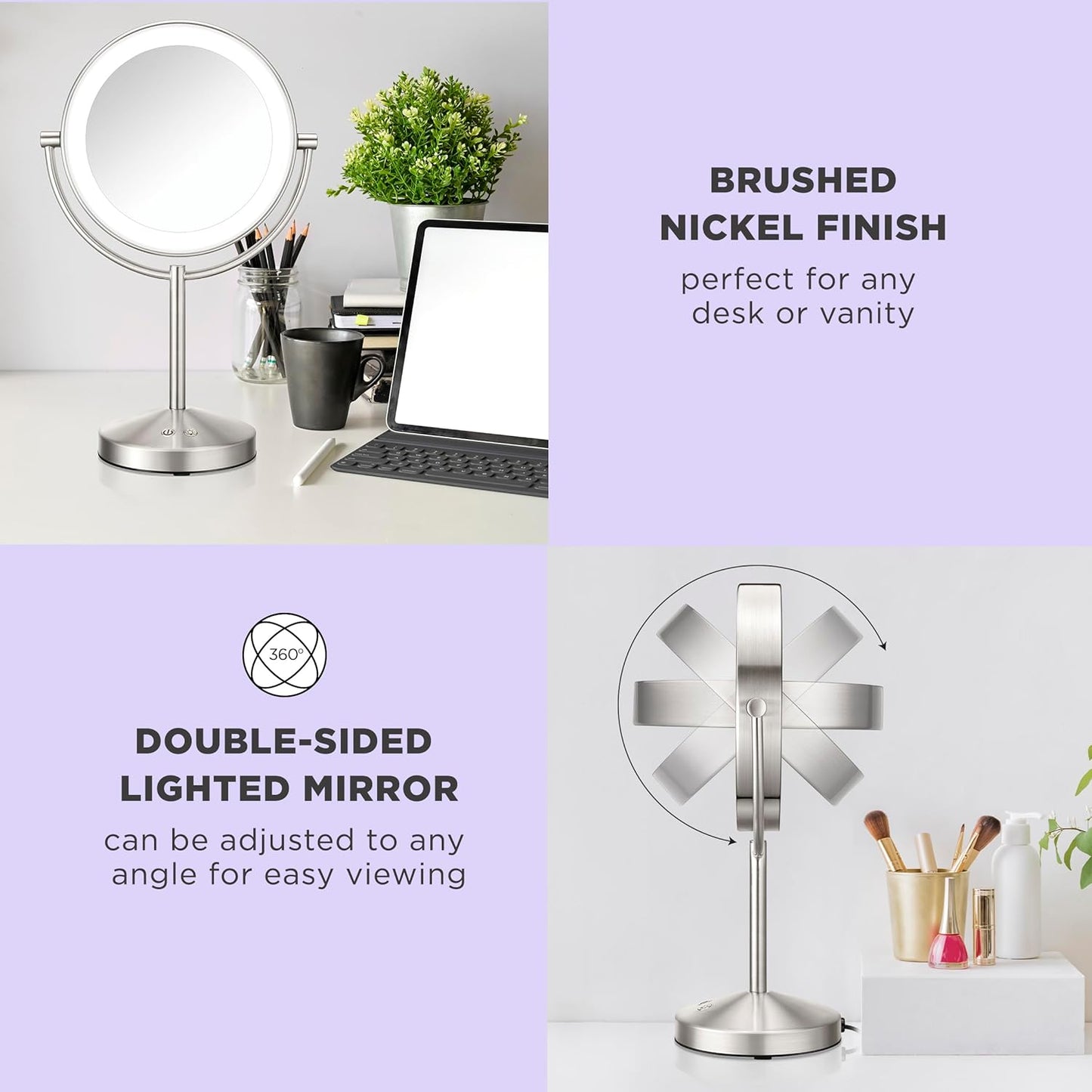 Conair Lighted Makeup Mirror, Double-Sided LED Vanity Mirror with 1X/10X Magnification, 3 Light Settings, 3 Modes, 360° Rotation, Satin Nickel Finish