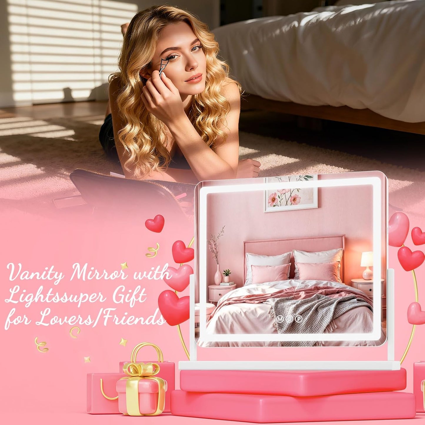 Suidia Vanity Mirror with Lights, 32"×22" LED Makeup Mirror with Light, Smart Touch with 3-Color Lighting, 360°Ratation for Vanity Desk Tabletop,White,Lamp Belt Style