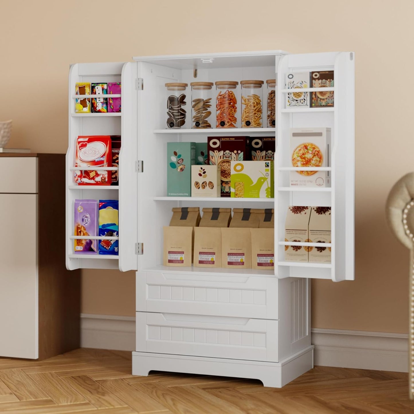 Gizoon Kitchen Pantry Storage Cabinet with Drawers Freestanding Bathroom Storage Cabinets with Doors and Shelves, 47" Small Food Pantry Cabinet for Dining Room Craft Room, White