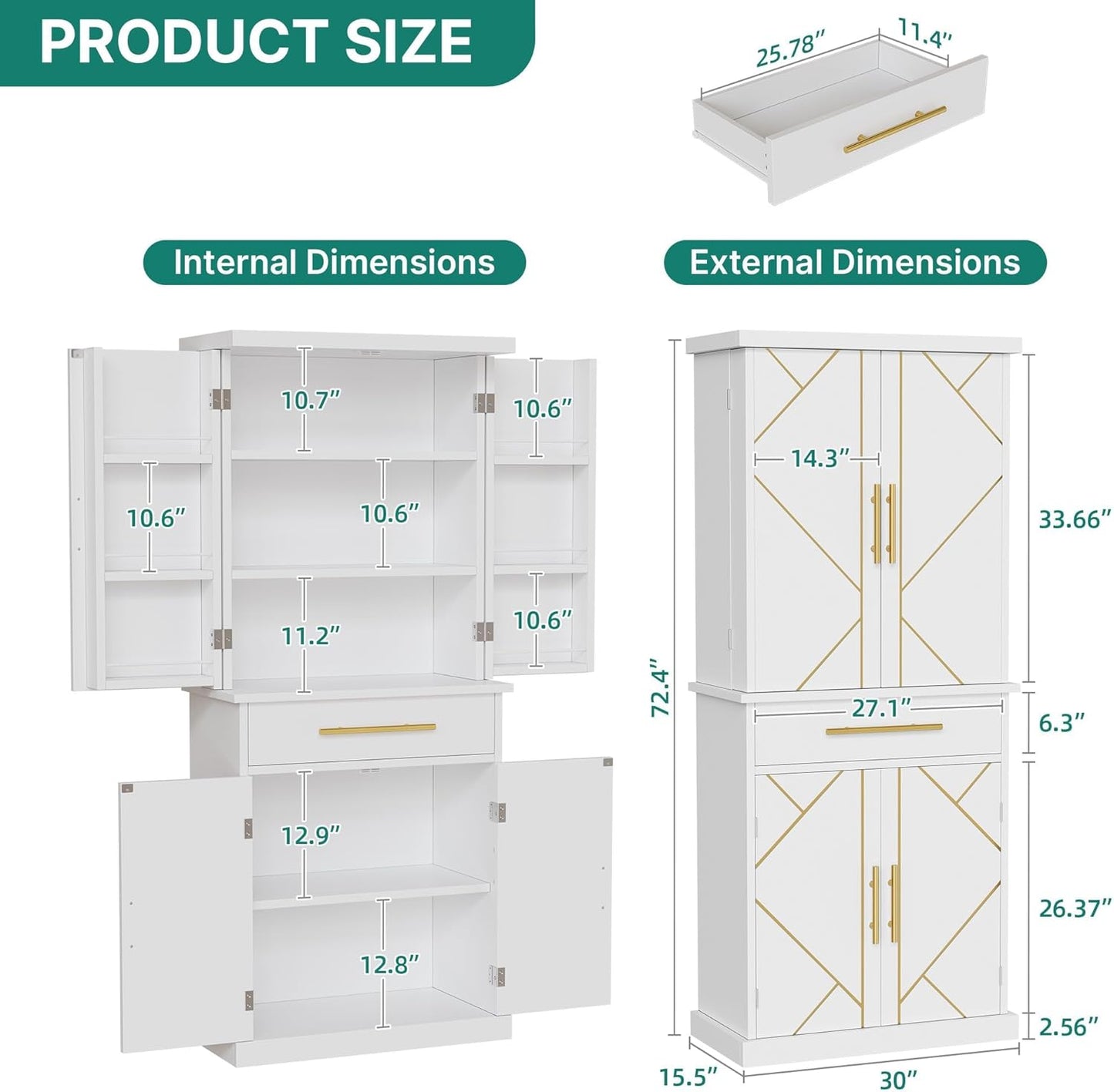 DWVO Kitchen Pantry Cabinet, 72'' Tall Freestanding Buffet Cupboard Kitchen Storage Cabinet with Drawer & 6 Side Shelves, Food Pantries for Dining Room, Living Room, White