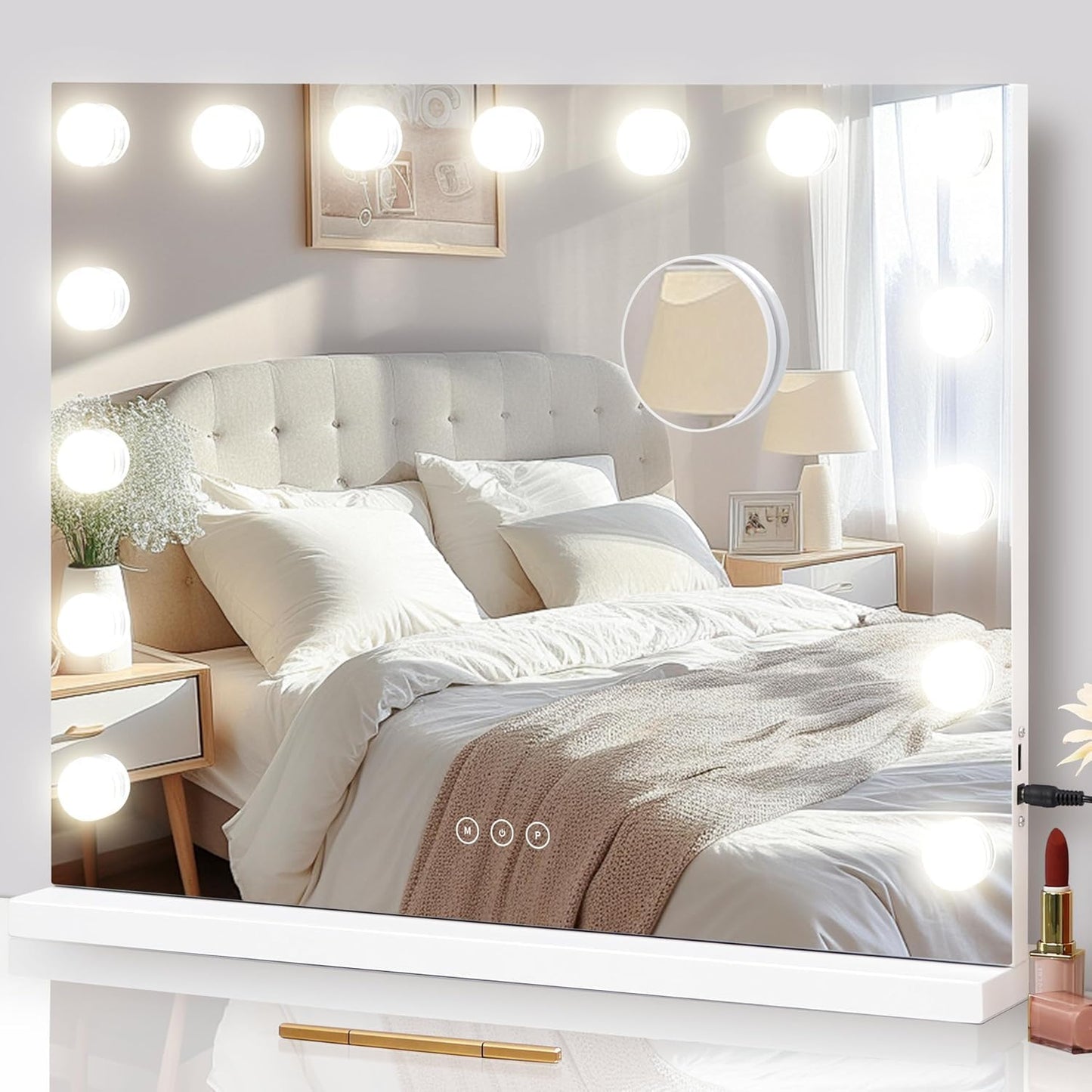 Vanity Mirror with Lights,Makeup Mirror with 17 Dimmable LED Bulbs, 3 Color Lighting Modes Detachable 10X Magnification Mirror Touch Control, 23.6X19,7 inch, White