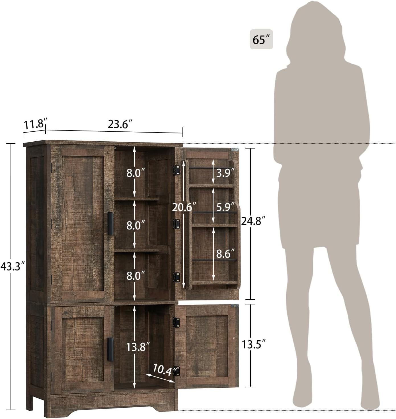 usikey Storage Cabinet with 4 Doors, 43.3" H Farmhouse Kitchen Cabinet with 6 Door Shelves, Kitchen Storage Cabinets with Adjustable Shelves, for Living Room, Antique Oak