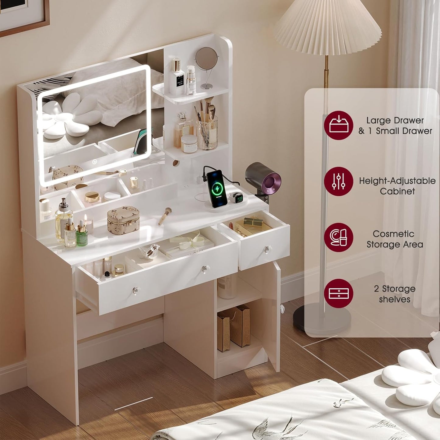 Makeup Vanity Desk with Mirror and Lights,Vanity Set with Mirror and Stool and Lights 3 Color,White Vanity Desk with Drawers,Make Up Table with Power Outlet,Dressing Table with Cabinet,Storage Shelves