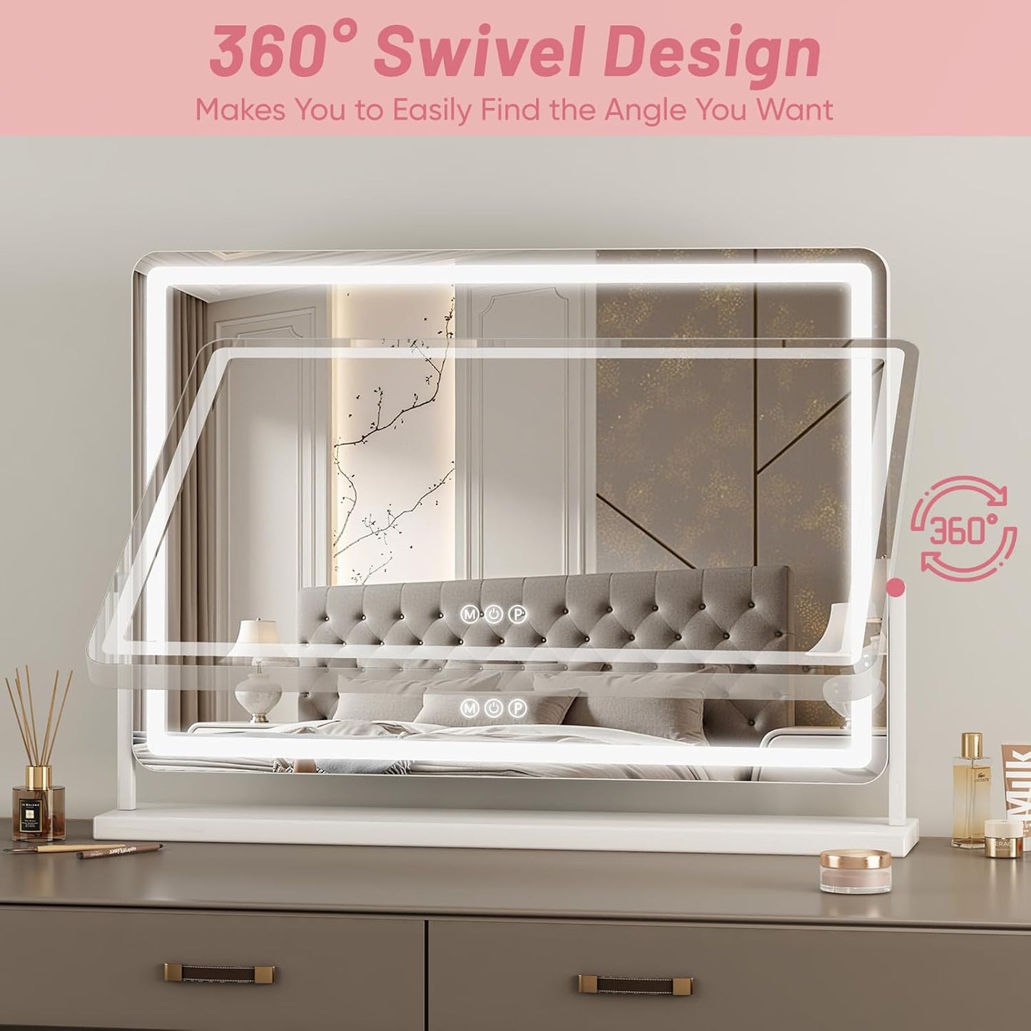 Suidia Vanity Mirror with Lights, 32"×22" LED Makeup Mirror with Light, Smart Touch with 3-Color Lighting, 360°Ratation for Vanity Desk Tabletop,White,Lamp Belt Style