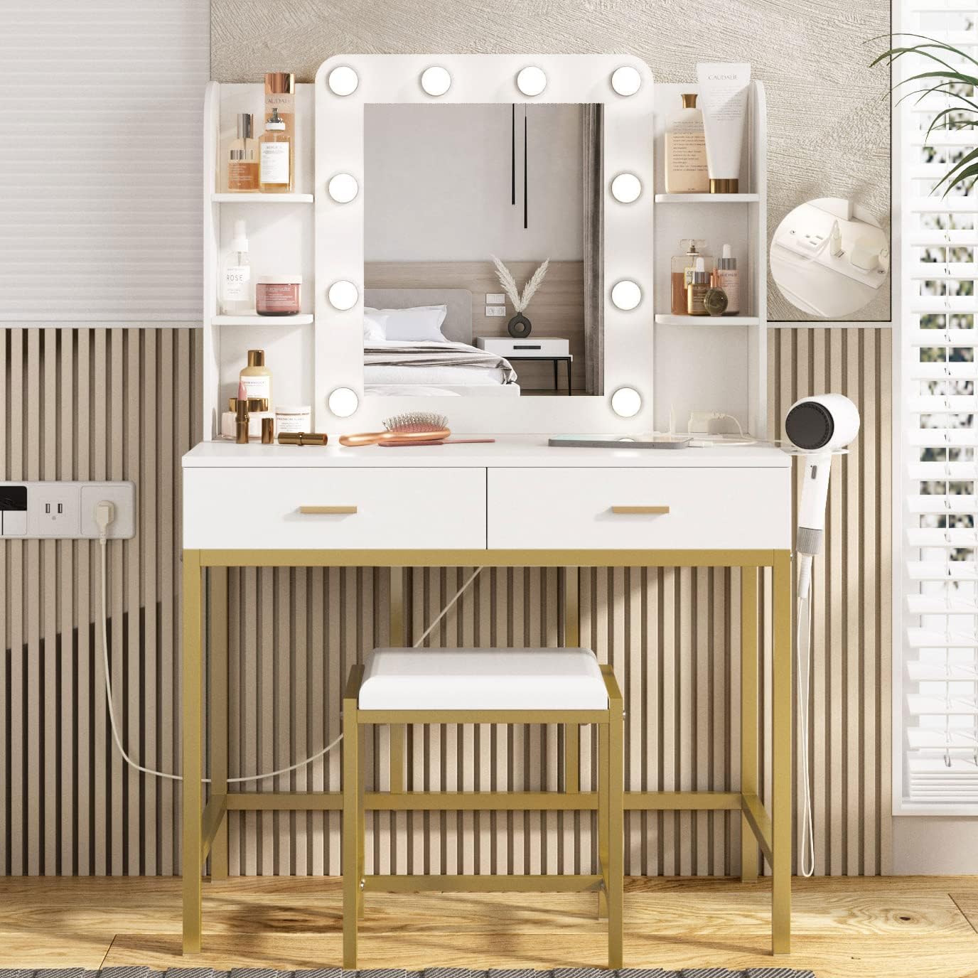 Vabches Vanity Desk with Lights,Makeup Vanity with Power Strip,Dressing Table Set with 2 Large Drawers,Vanity Mirror 3 Lighting Color Adjustable,White