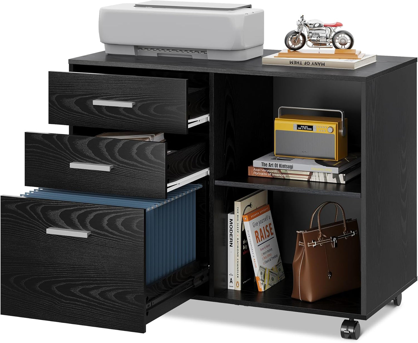 DEVAISE 3 Drawer Mobile File Cabinet, Wood Lateral Filing Cabinet, Printer Stand with Open Shelves for Home Office, Rustic Brown