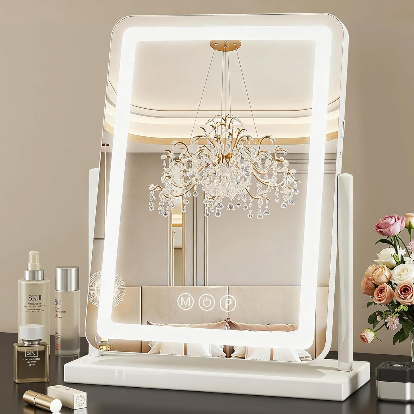 Suidia Vanity Mirror with Lights, 32"×22" LED Makeup Mirror with Light, Smart Touch with 3-Color Lighting, 360°Ratation for Vanity Desk Tabletop,White,Lamp Belt Style