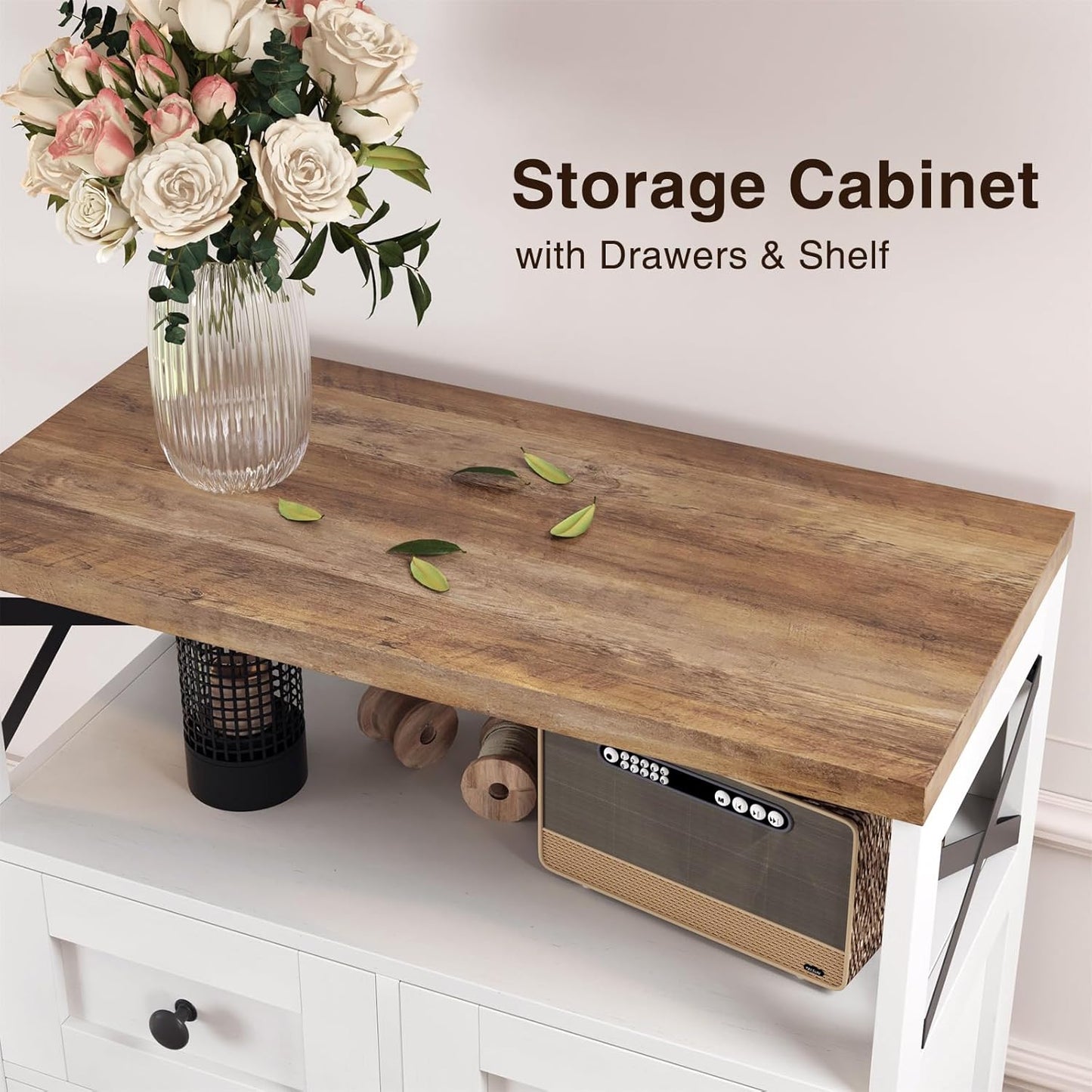 Farmhouse White Storage Cabinet with Doors and Drawers, Freestanding Kitchen Pantry Cabinet, Floor Storage Cabinet Hutch Cupboard for Kitchen/Laundry/Living Room/Bedroom