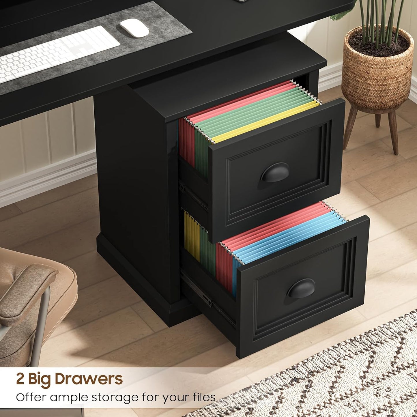 Vertical File Cabinet, Filing Cabinet with 2 File Drawers, Farmhouse Small File Cabinet Fits Letter/A4 Size, Wooden Printer Stand, Under Desk Cabinets for Home Office, Black