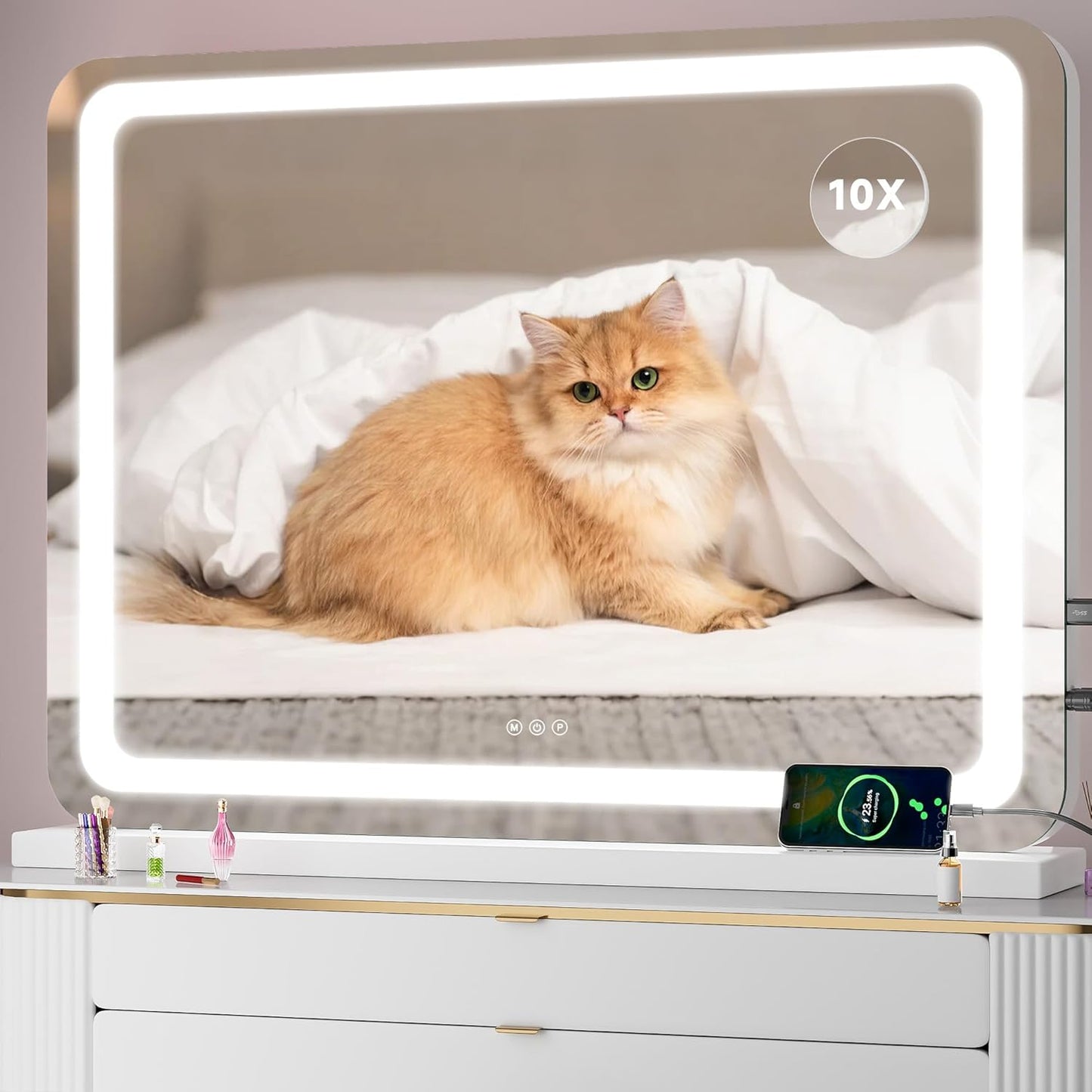 Vanity Mirror with Lights, 23" x 18" LED Makeup Mirror with 10X Magnification, Dimmable 3 Modes, Memory Function, Smart Touch, USB Charging Port, Lighted Makeup Mirror Square Glod