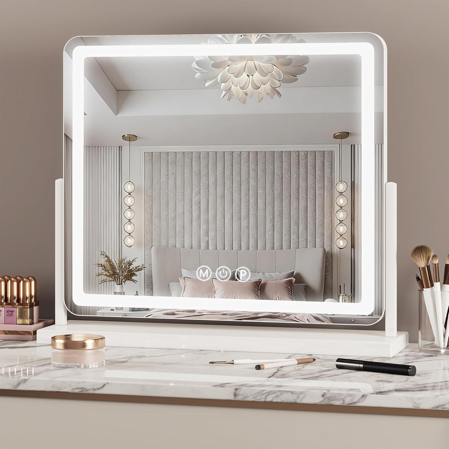 Suidia Vanity Mirror with Lights, 32"×22" LED Makeup Mirror with Light, Smart Touch with 3-Color Lighting, 360°Ratation for Vanity Desk Tabletop,White,Lamp Belt Style