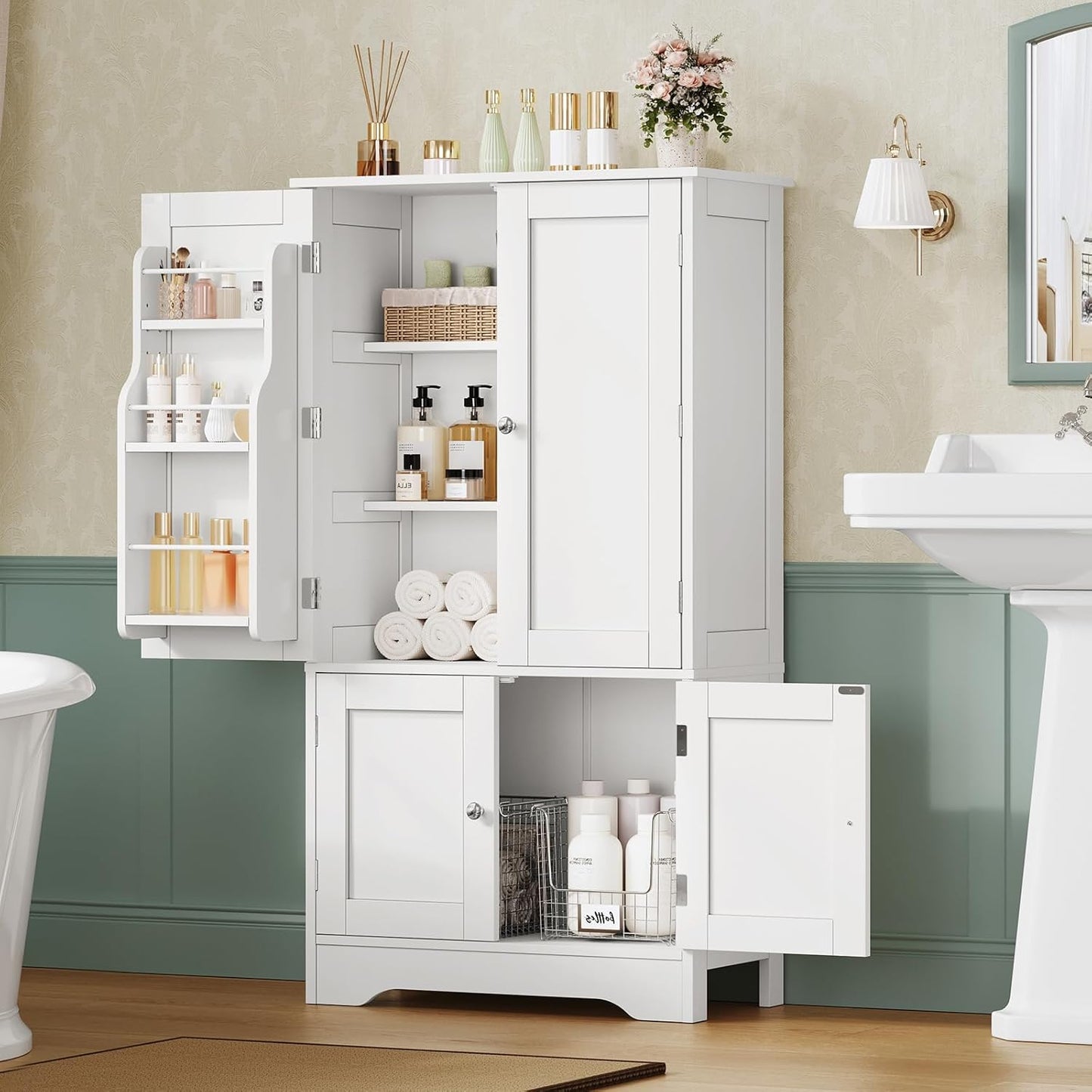 TEENFON 43'H Pantry Cabinet with 4 Doors, Kitchen Cabinet with 6 Door Shelves, Kitchen Pantry for Living Room, Dining Room, Bathroom, White