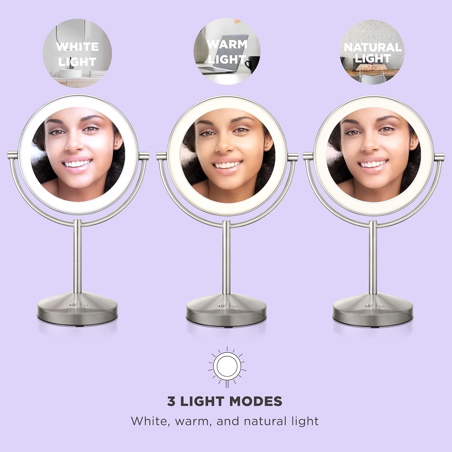 Conair Lighted Makeup Mirror, Double-Sided LED Vanity Mirror with 1X/10X Magnification, 3 Light Settings, 3 Modes, 360° Rotation, Satin Nickel Finish