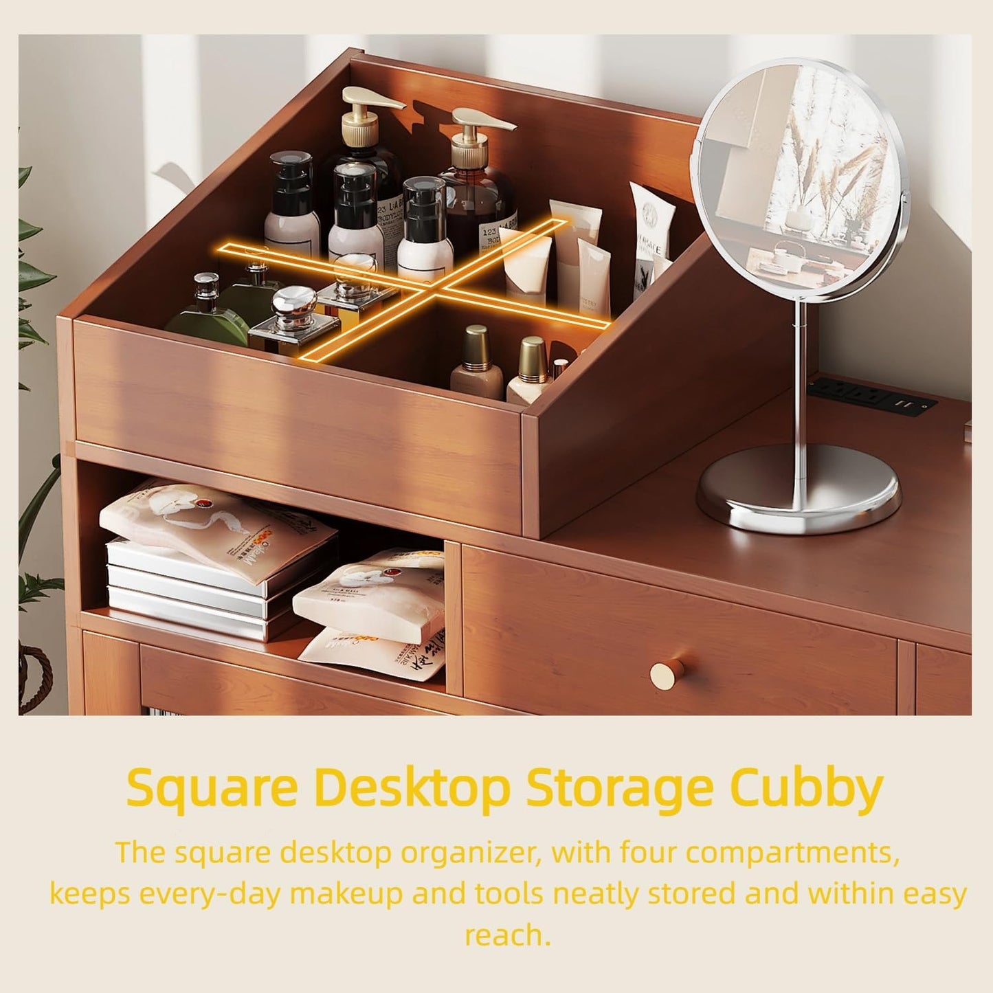 Wooden Makeup Vanity Desk, Modern Dressing Table with Spacious Desktop & Large Drawer, Stool, Space-Saving Dresser Table with Side Cabinets & Charging Port for Small Places, Walnut