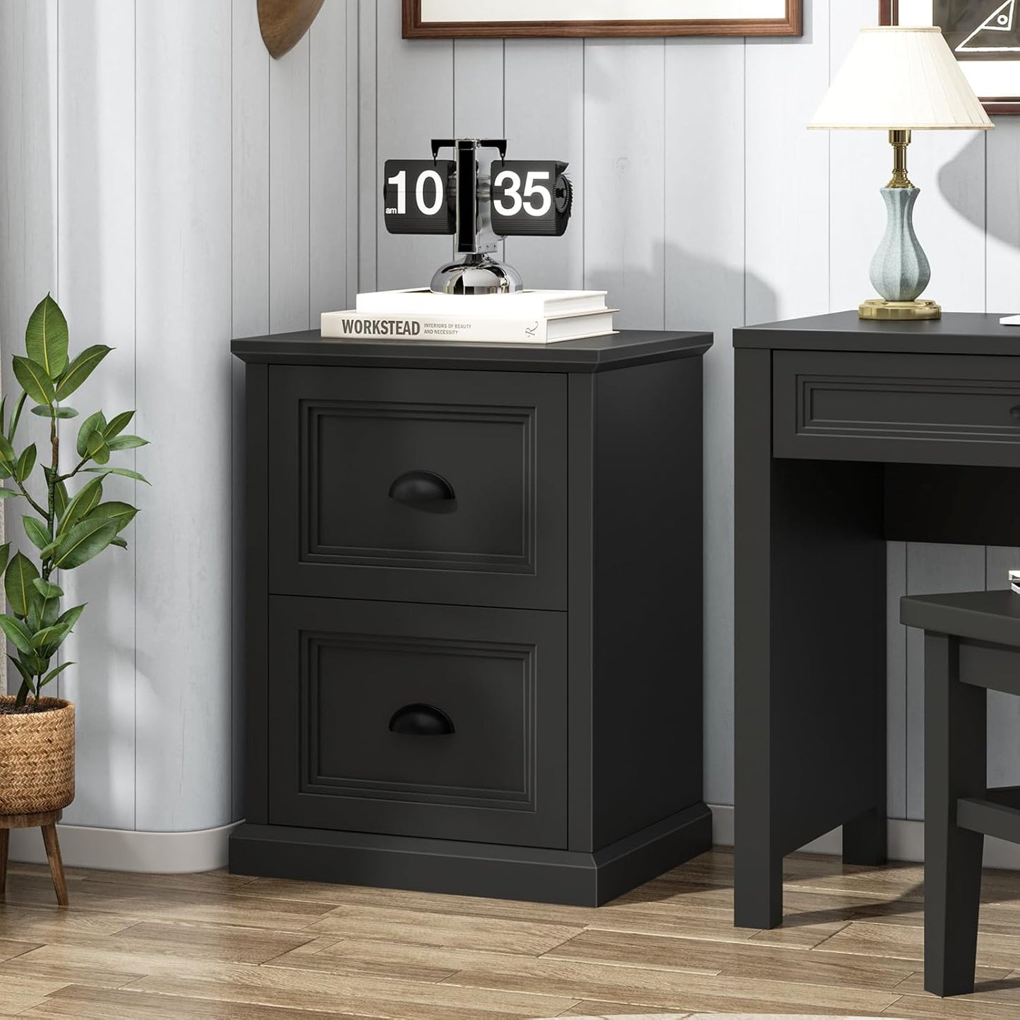 Vertical File Cabinet, Filing Cabinet with 2 File Drawers, Farmhouse Small File Cabinet Fits Letter/A4 Size, Wooden Printer Stand, Under Desk Cabinets for Home Office, Black