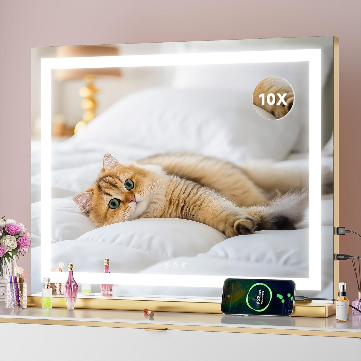 Vanity Mirror with Lights, 23" x 18" LED Makeup Mirror with 10X Magnification, Dimmable 3 Modes, Memory Function, Smart Touch, USB Charging Port, Lighted Makeup Mirror Square Glod