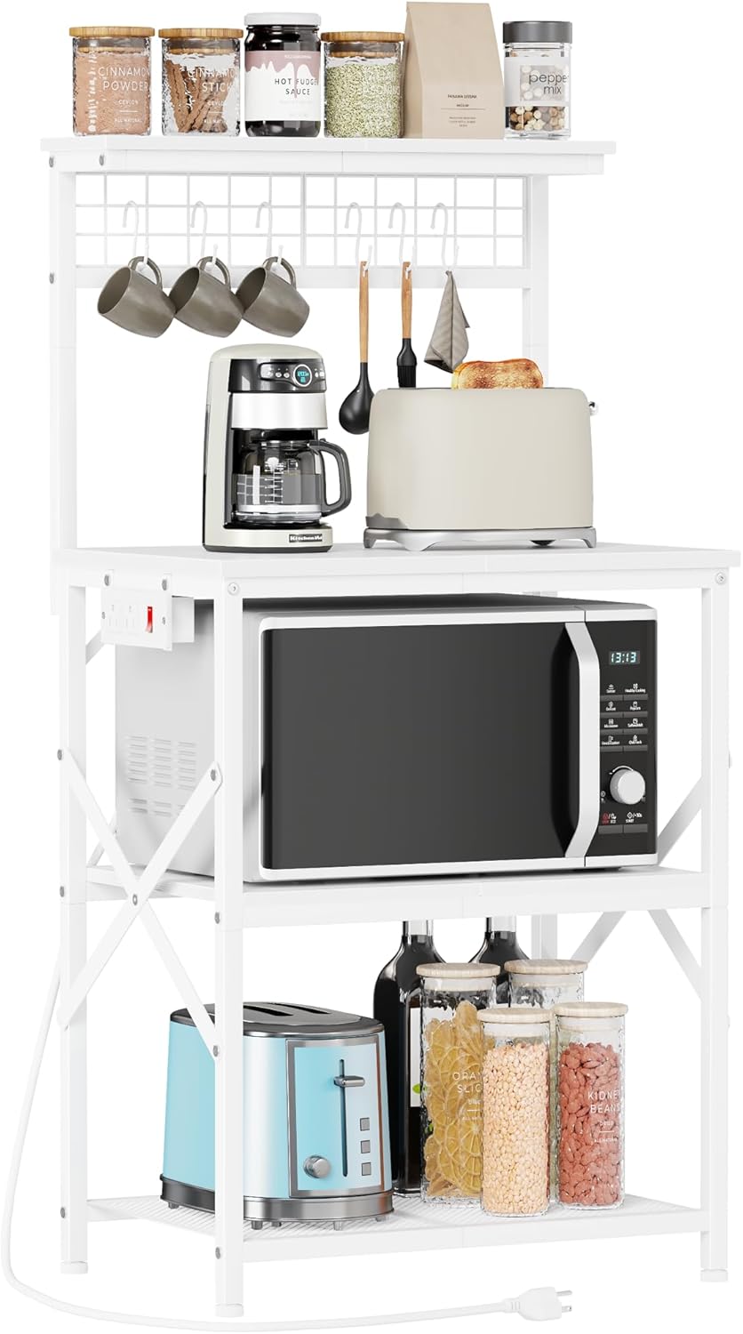 Furologee Kitchen Bakers Rack with Power Outlet, Microwave Oven Stand with Storage 4 Tiers, Coffee Bar Table with 6 S Hooks, Kitchen Storage Shelf Rack for Spices, Pots, Rustic Brown