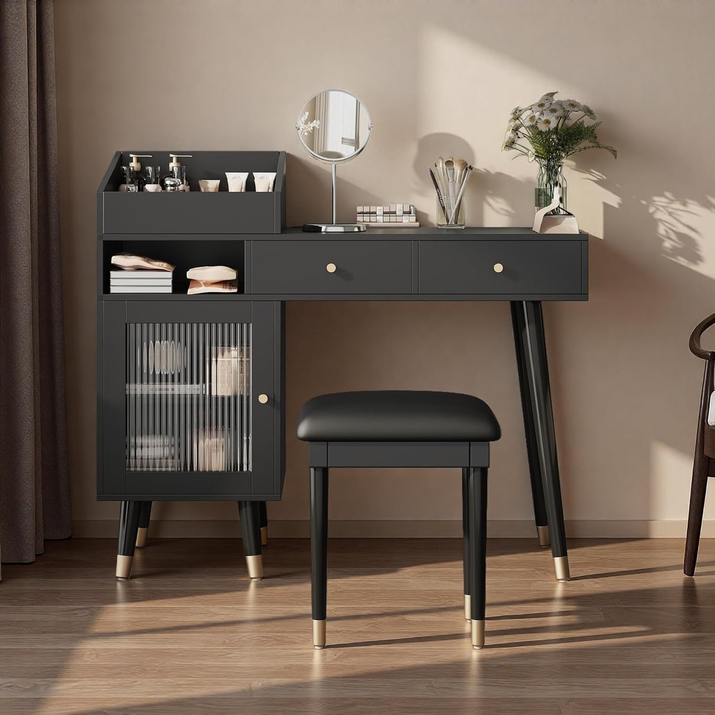 Wooden Makeup Vanity Desk, Modern Dressing Table with Spacious Desktop & Large Drawer, Stool, Space-Saving Dresser Table with Side Cabinets & Charging Port for Small Places, Walnut