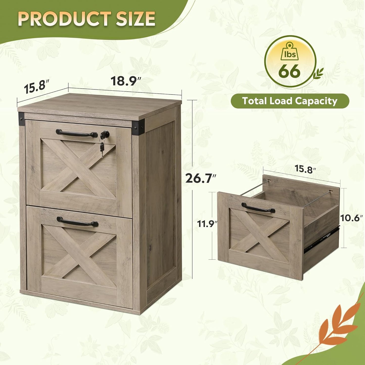 DEVAISE 2 Drawer File Cabinet with Lock, Wood Farmhouse Filing Cabinet for Home Office, Printer Stand Fits Letter and A4 Size, Gray Oak