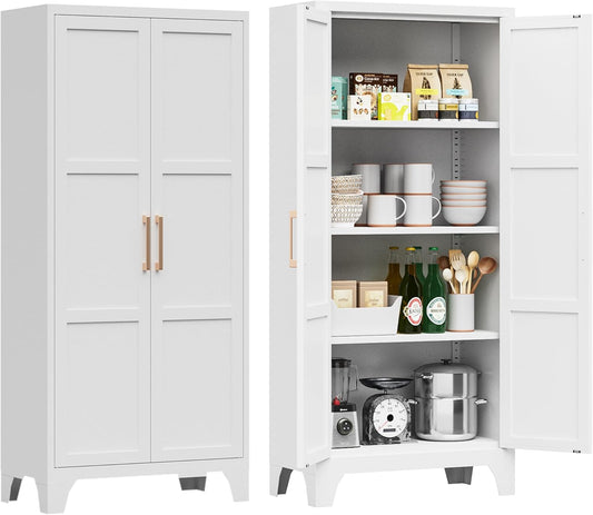 61"H Metal Pantry Cabinet with 2 Doors and 3 Adjustable Shelves,Food Storage Cabinet with Gold Handle for Kitchen,Dinning Room,Home Office,Living Room,Easy Assembly (White,61"H x13.8"D x27.6"W)