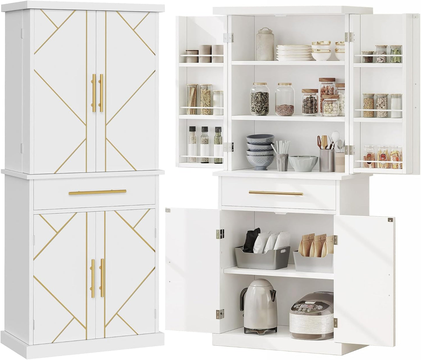 DWVO Kitchen Pantry Cabinet, 72'' Tall Freestanding Buffet Cupboard Kitchen Storage Cabinet with Drawer & 6 Side Shelves, Food Pantries for Dining Room, Living Room, White