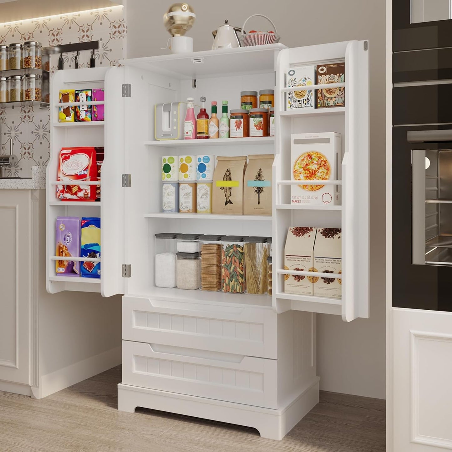 Gizoon Kitchen Pantry Storage Cabinet with Drawers Freestanding Bathroom Storage Cabinets with Doors and Shelves, 47" Small Food Pantry Cabinet for Dining Room Craft Room, White