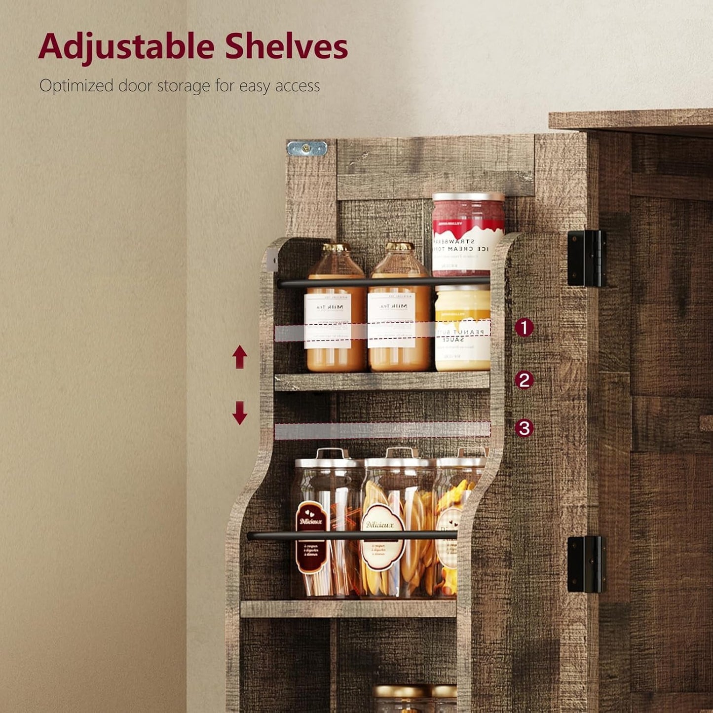 usikey Storage Cabinet with 4 Doors, 43.3" H Farmhouse Kitchen Cabinet with 6 Door Shelves, Kitchen Storage Cabinets with Adjustable Shelves, for Living Room, Antique Oak