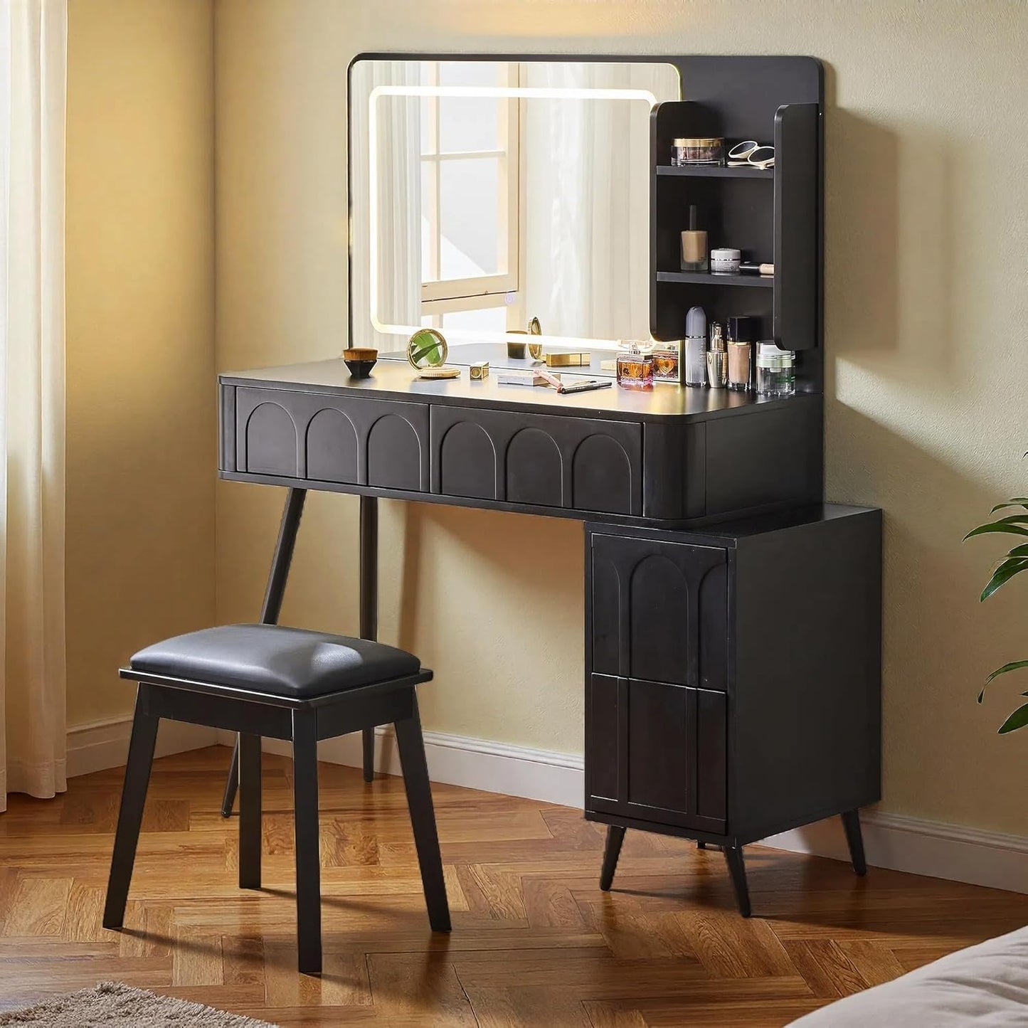 Wooden Makeup Vanity Desk, Modern Dressing Table with Spacious Desktop & Large Drawer, Stool, Space-Saving Dresser Table with Side Cabinets & Charging Port for Small Places, Walnut