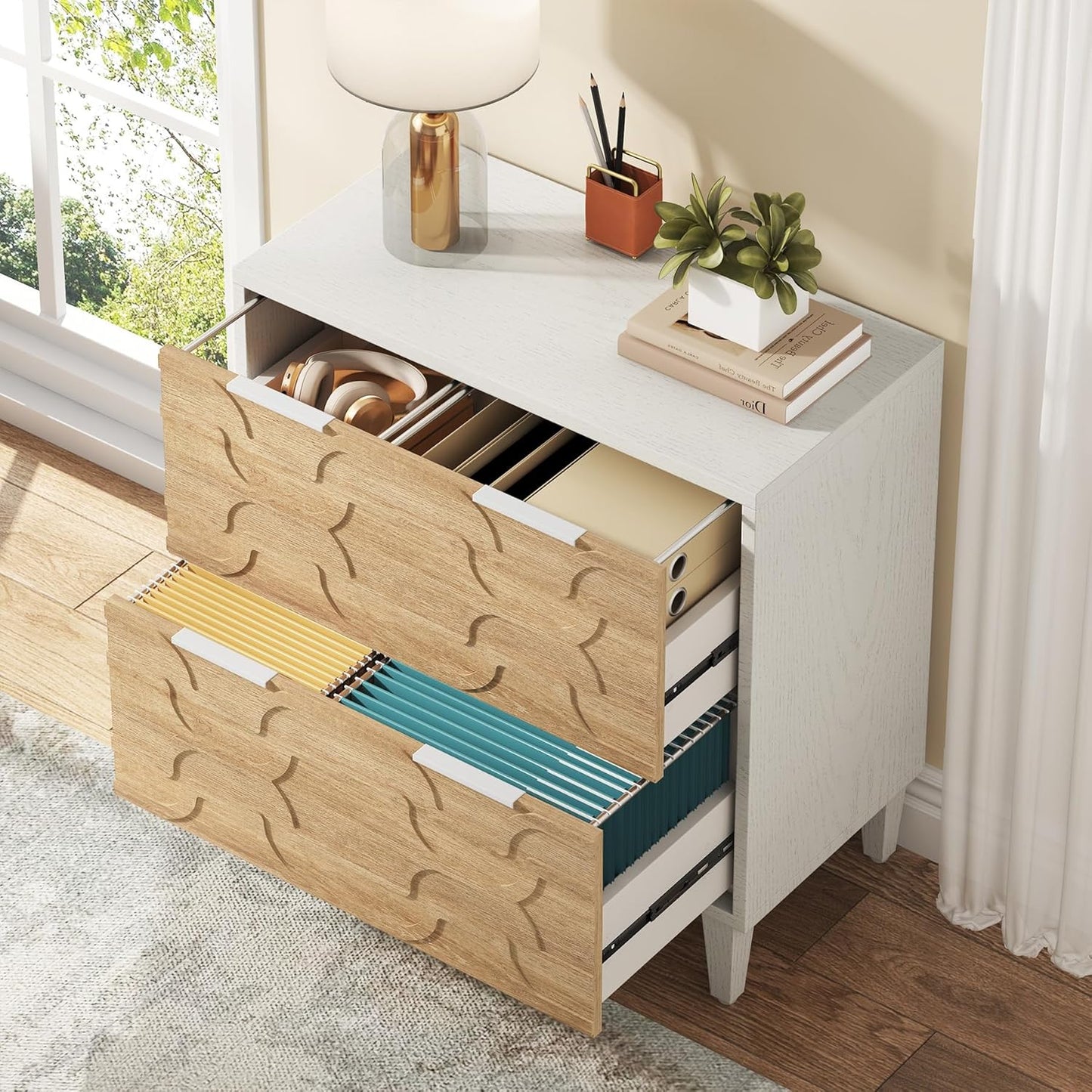 Tribesigns 2-Drawer File Cabinet, Lateral Filing Cabinet for A4/Letter/Legal Size, Office Storage Cabinet, Printer Stand with Storage Drawer for Home Office, White & Walnut