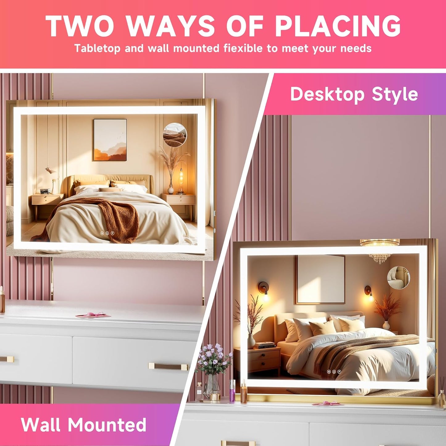 Vanity Mirror with Lights, 23" x 18" LED Makeup Mirror with 10X Magnification, Dimmable 3 Modes, Memory Function, Smart Touch, USB Charging Port, Lighted Makeup Mirror Square Glod