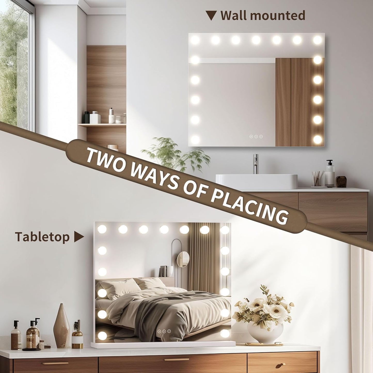 Vanity Mirror with Lights,Makeup Mirror with 17 Dimmable LED Bulbs, 3 Color Lighting Modes Detachable 10X Magnification Mirror Touch Control, 23.6X19,7 inch, White