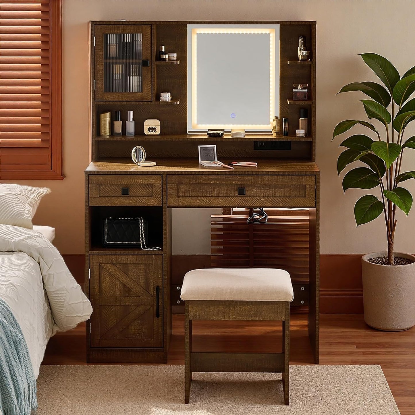 Wooden Makeup Vanity Desk, Modern Dressing Table with Spacious Desktop & Large Drawer, Stool, Space-Saving Dresser Table with Side Cabinets & Charging Port for Small Places, Walnut