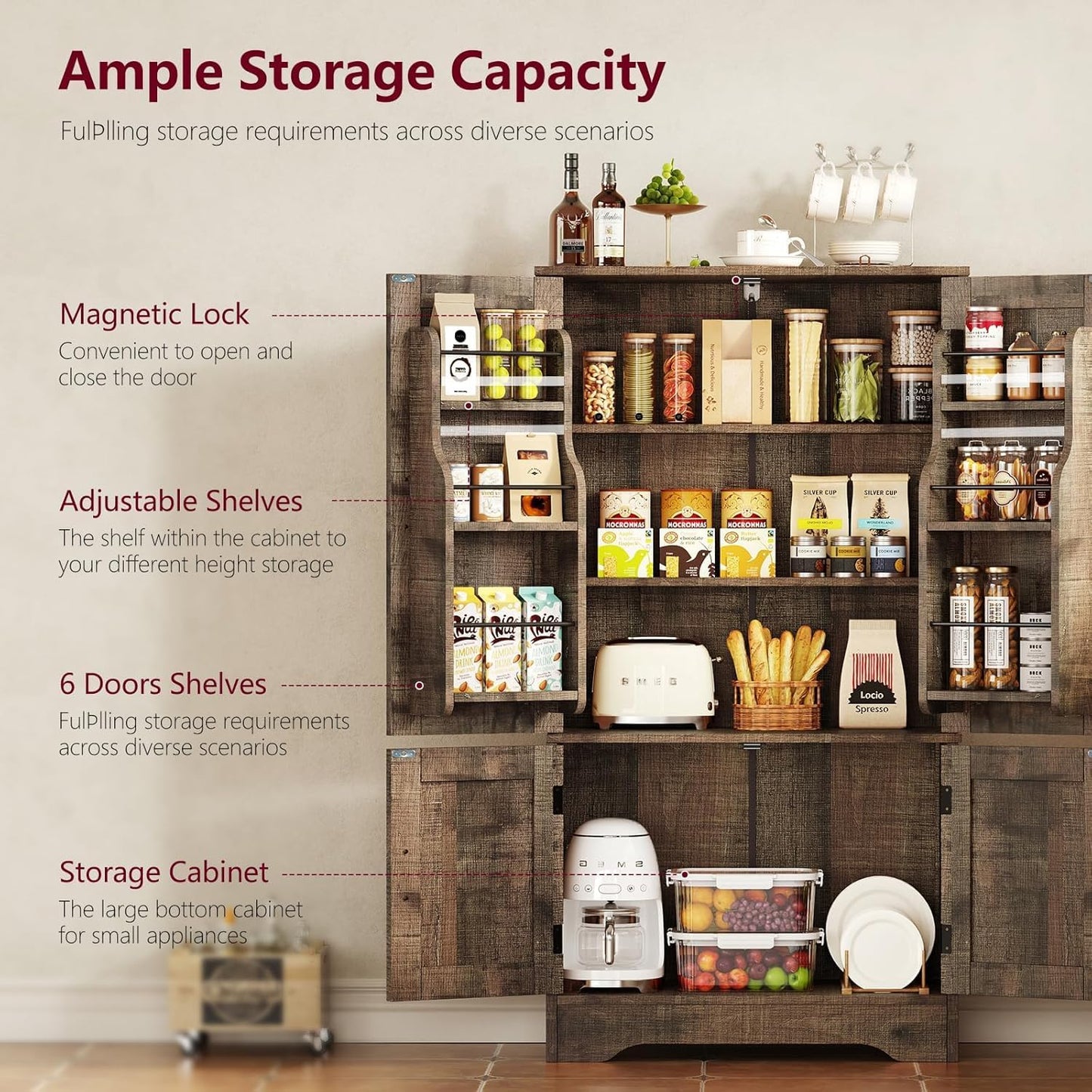 usikey Storage Cabinet with 4 Doors, 43.3" H Farmhouse Kitchen Cabinet with 6 Door Shelves, Kitchen Storage Cabinets with Adjustable Shelves, for Living Room, Antique Oak