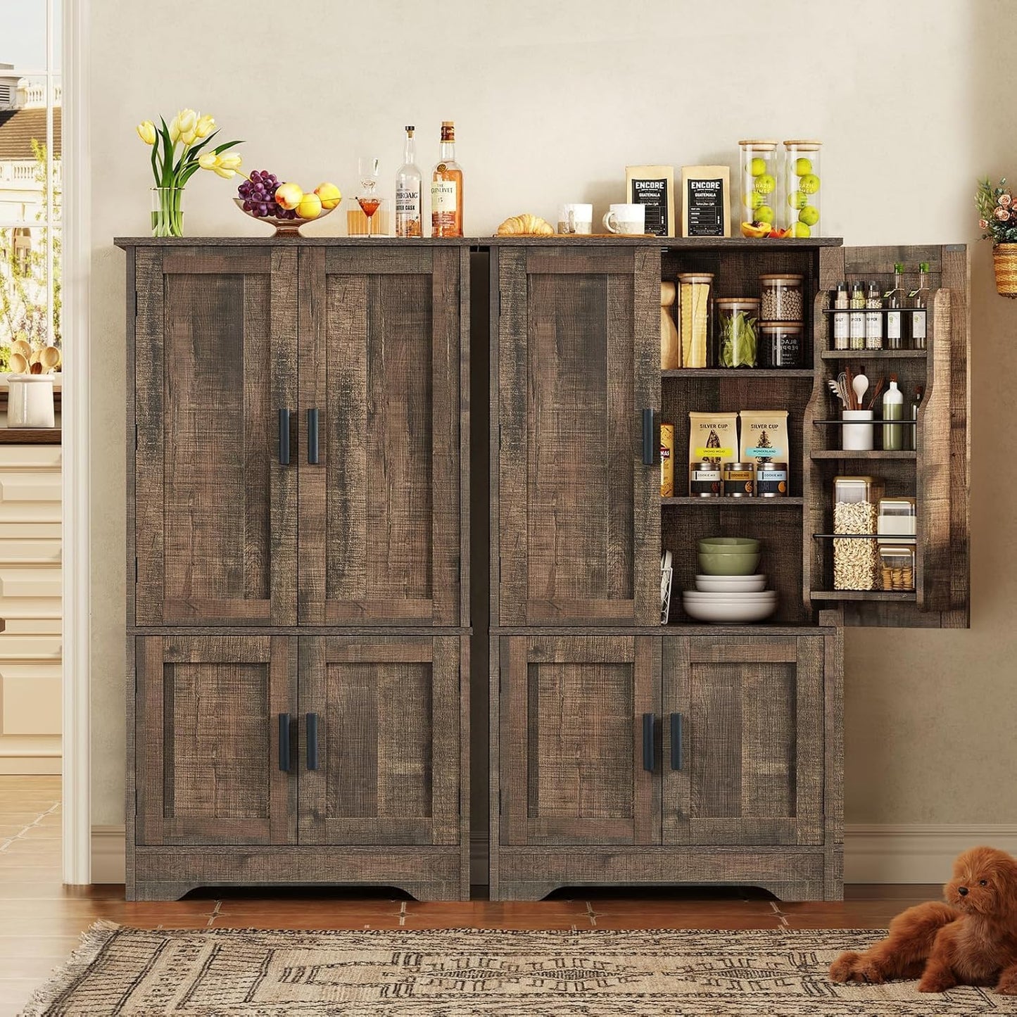 usikey Storage Cabinet with 4 Doors, 43.3" H Farmhouse Kitchen Cabinet with 6 Door Shelves, Kitchen Storage Cabinets with Adjustable Shelves, for Living Room, Antique Oak