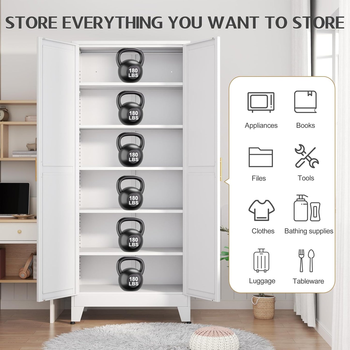 75.2" Tall Metal Kitchen Pantry Storage Cabinets with 2 Door and 5 Adjustable Shelves, Cupboard for Kitchen, Dining Room, Living Room and Bathroom, White